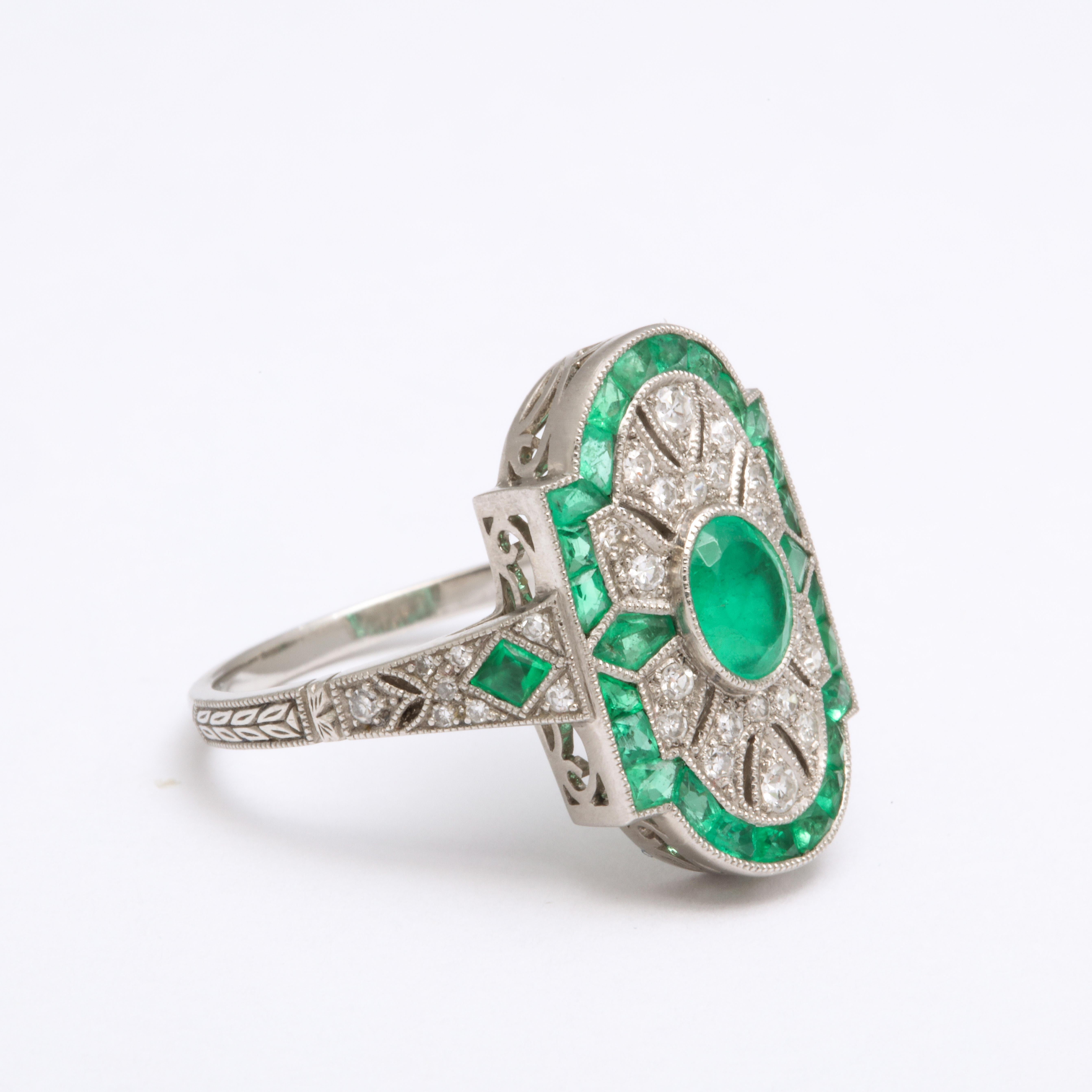 Women's Art Deco Platinum Style Emerald and Diamond Ring
