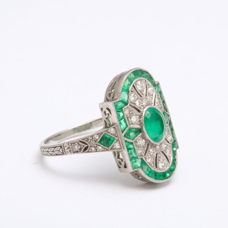 Women's Art Deco Platinum Style Emerald and Diamond Ring For Sale