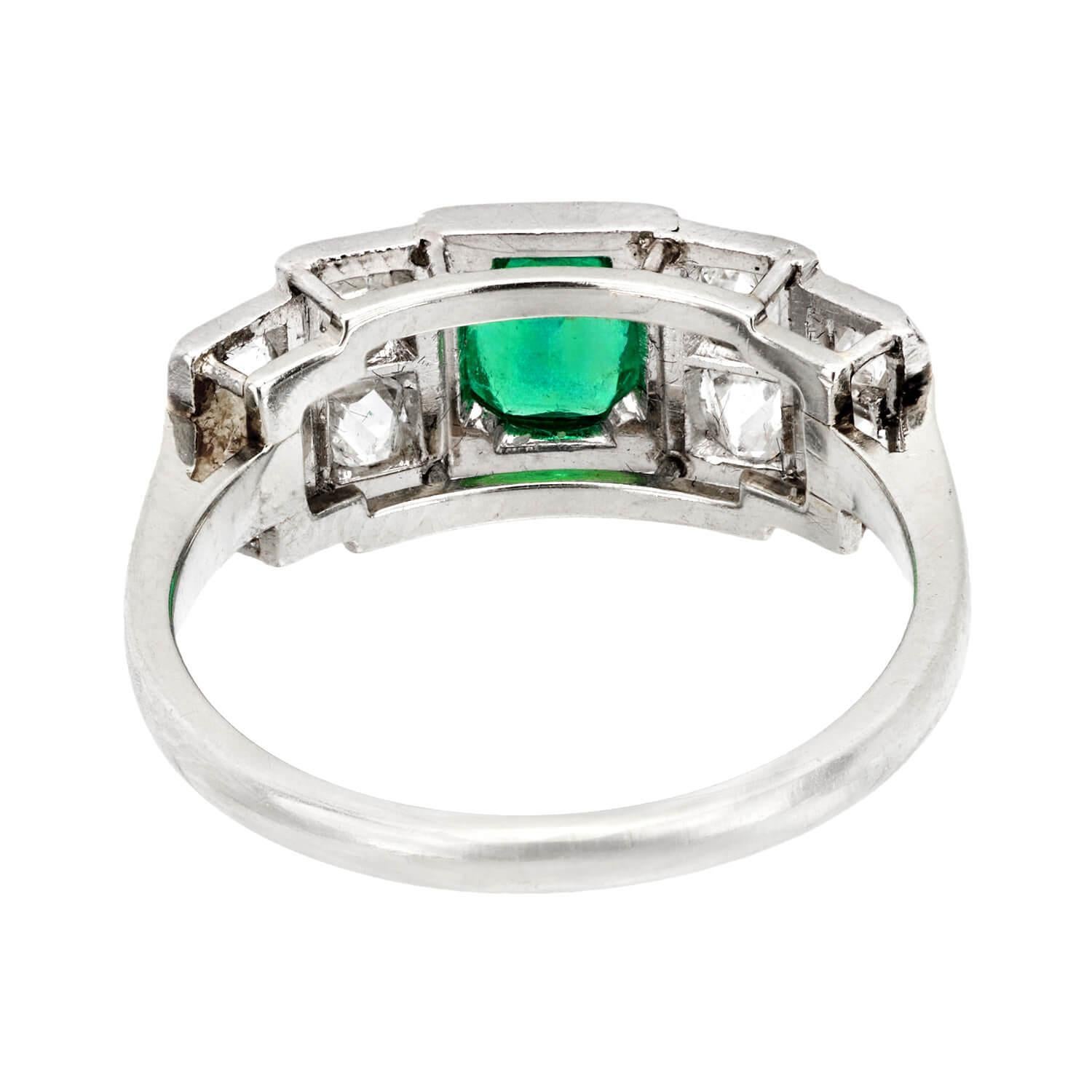 Women's Art Deco Platinum Emerald and Diamond Ring For Sale
