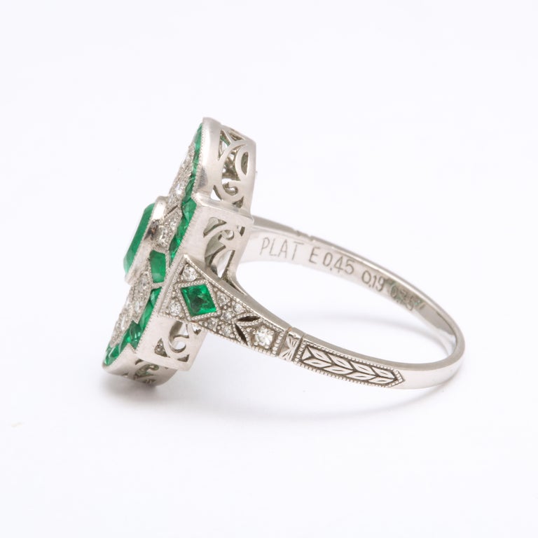 Art Deco Platinum Style Emerald and Diamond Ring For Sale 1