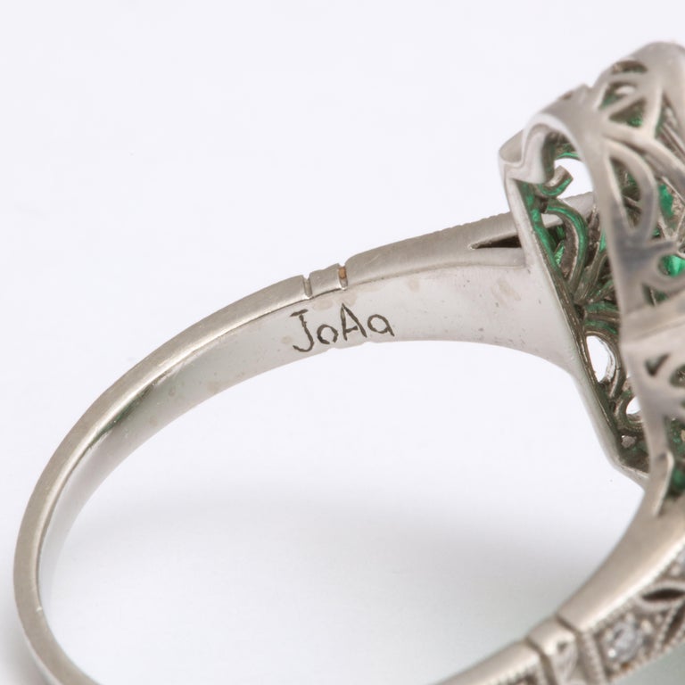 Art Deco Platinum Style Emerald and Diamond Ring For Sale 2