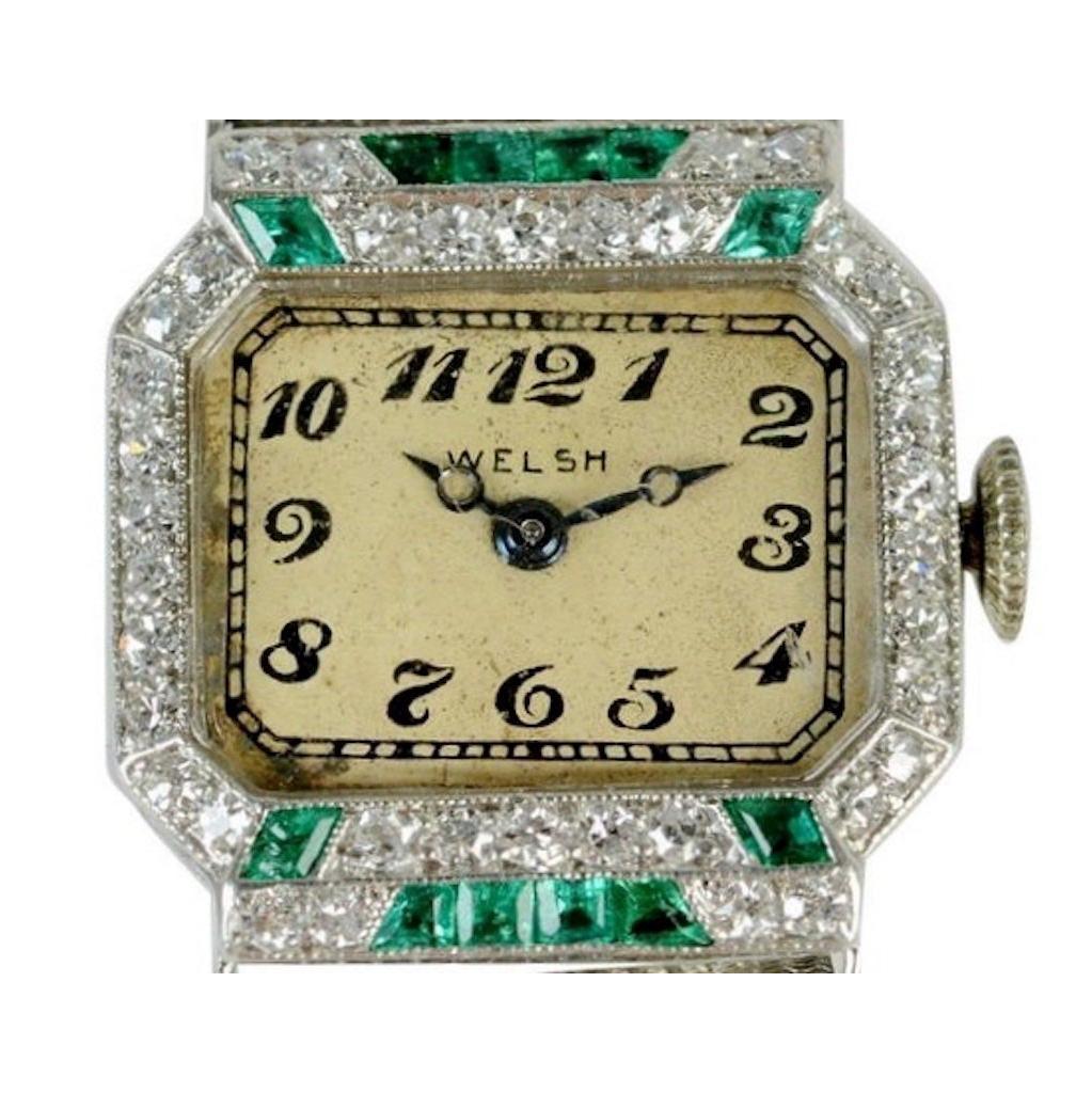 Art Deco Platinum Emerald and Diamond Wristwatch Signed 'Welch', c1925