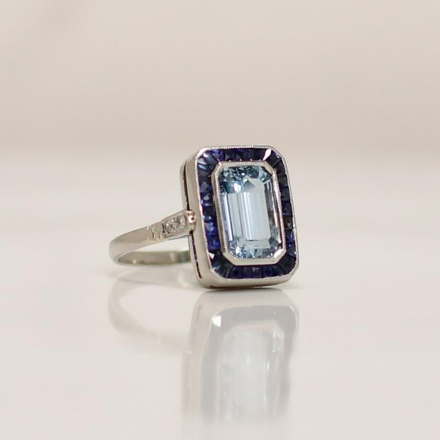 Art Deco Platinum Emerald Cut Aqua With Sapphire Halo Ring For Sale 2