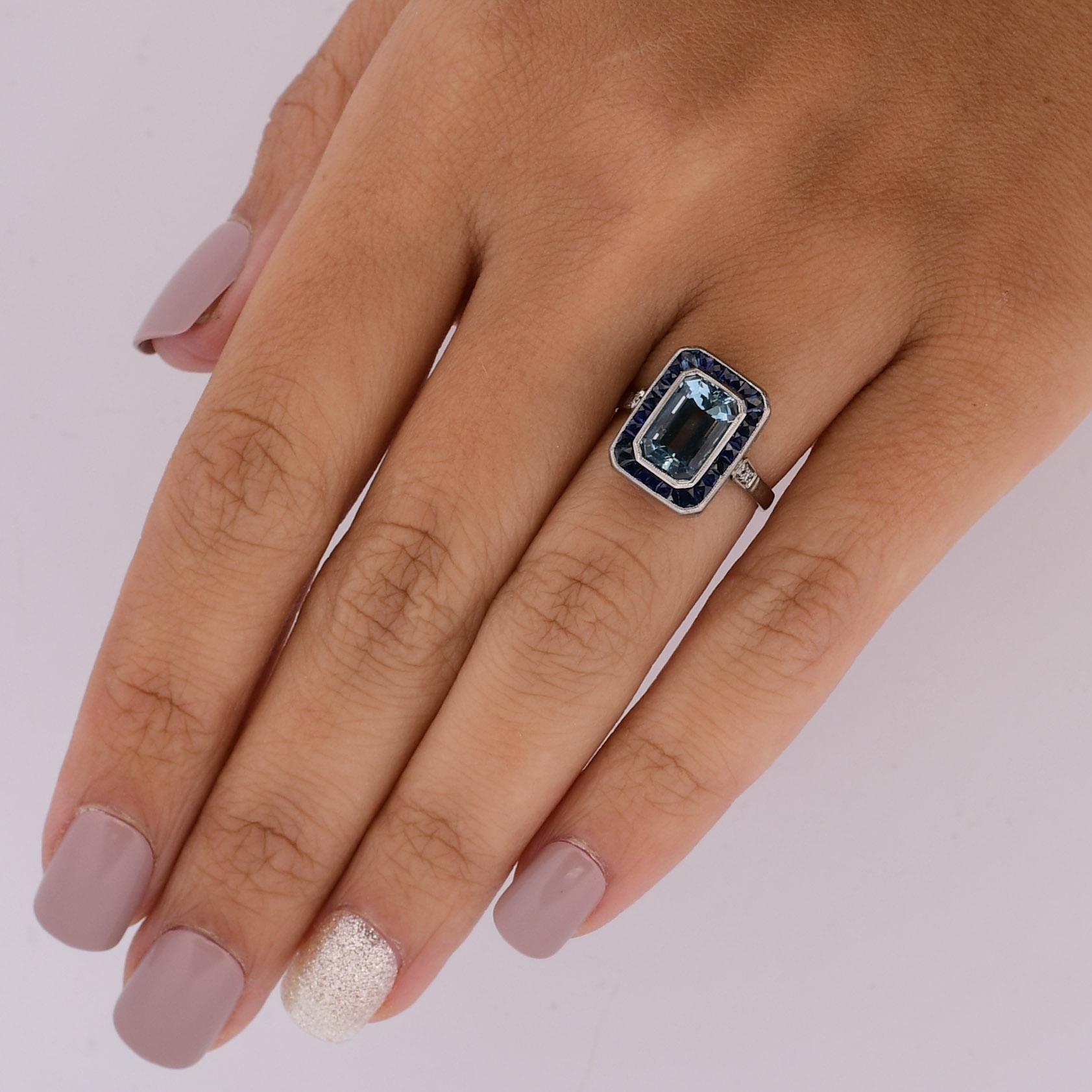 Art Deco Platinum Emerald Cut Aqua With Sapphire Halo Ring For Sale 4