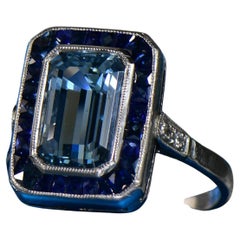 Art Deco Platinum Emerald Cut Aqua With Sapphire Halo Ring