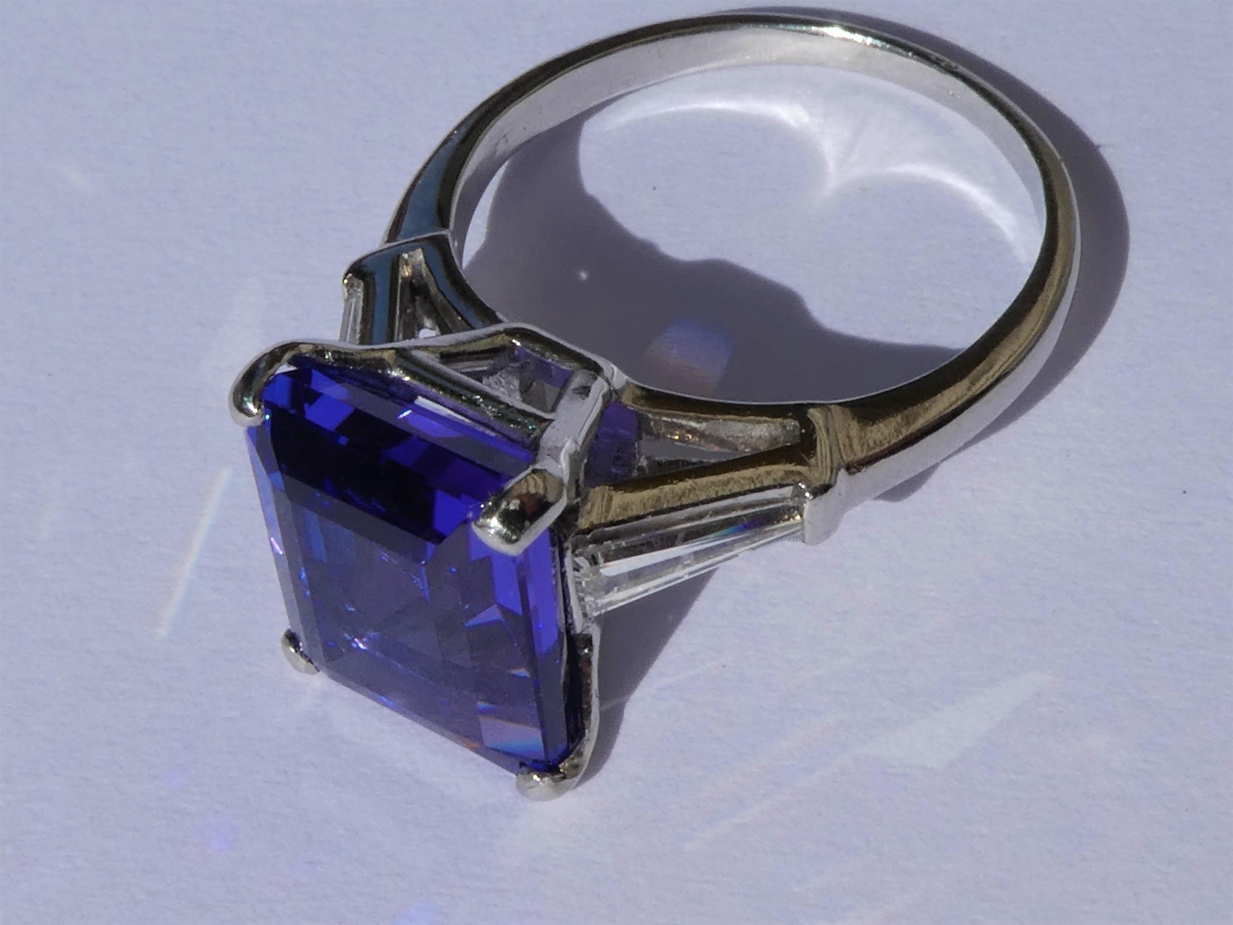 Emerald Cut Tanzanite in Platinum Diamond Handmade Art Deco Engagement Ring For Sale