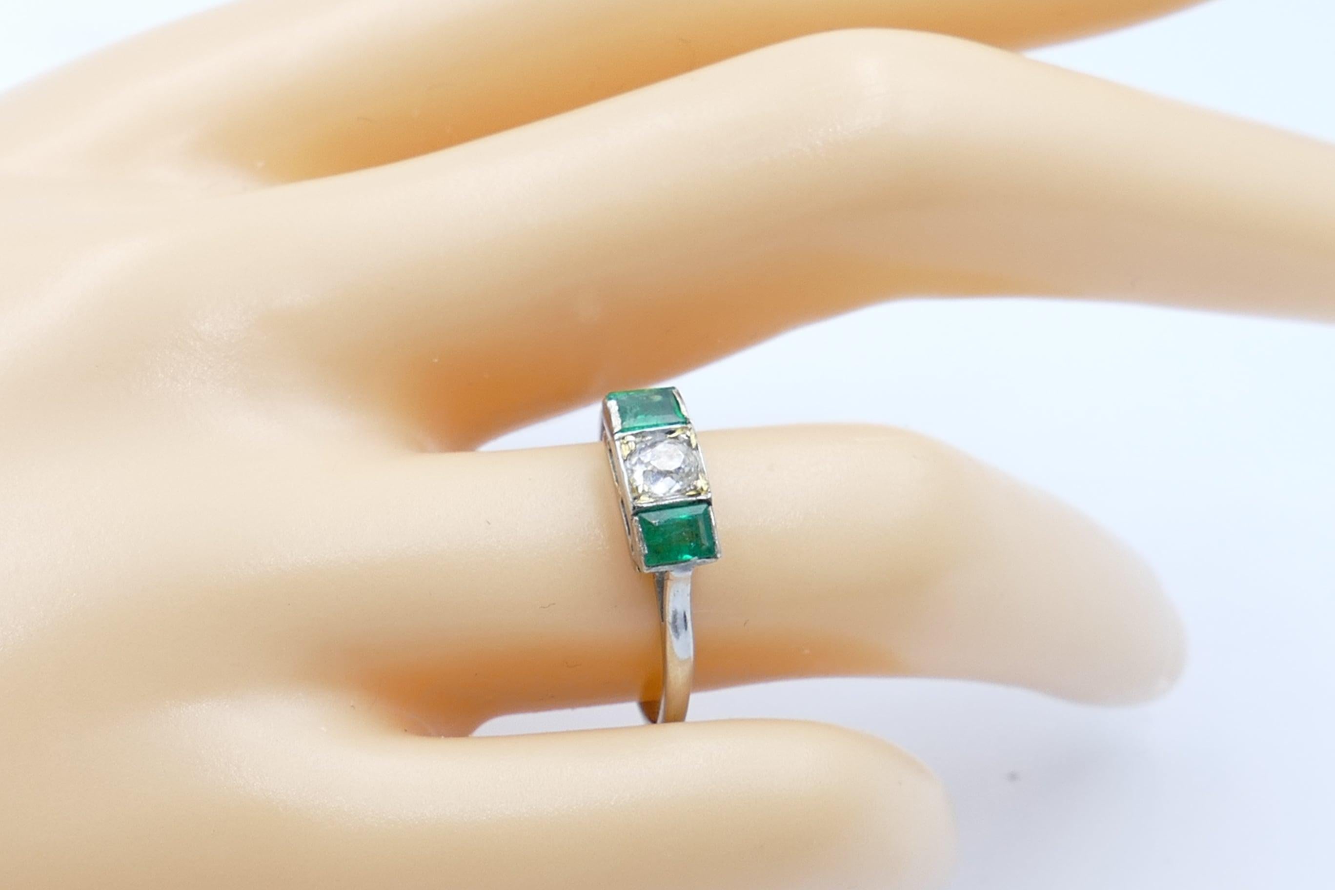 Women's or Men's Art Deco Platinum Emerald and Diamond Band Ring For Sale