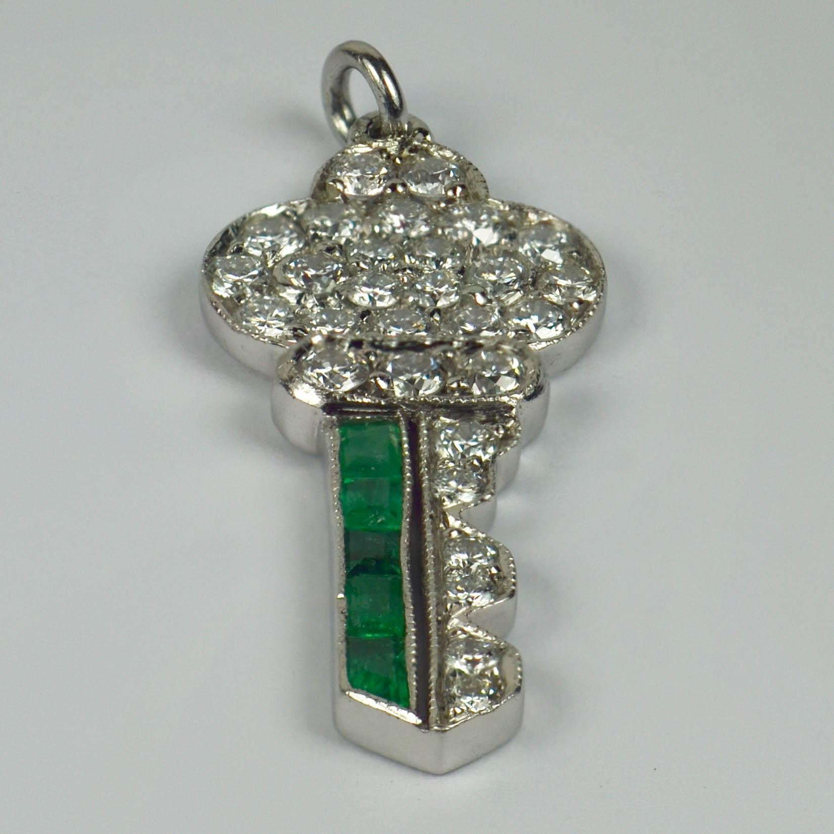 Round Cut Art Deco Platinum Emerald Diamond Key Charm Pendant