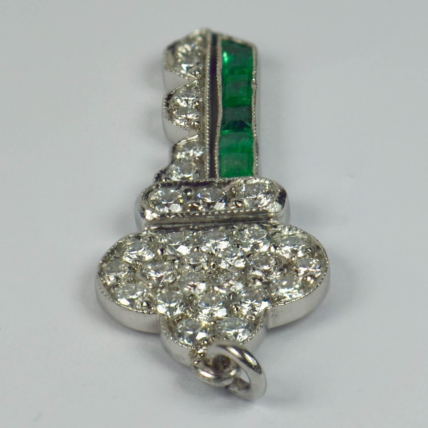 Women's or Men's Art Deco Platinum Emerald Diamond Key Charm Pendant