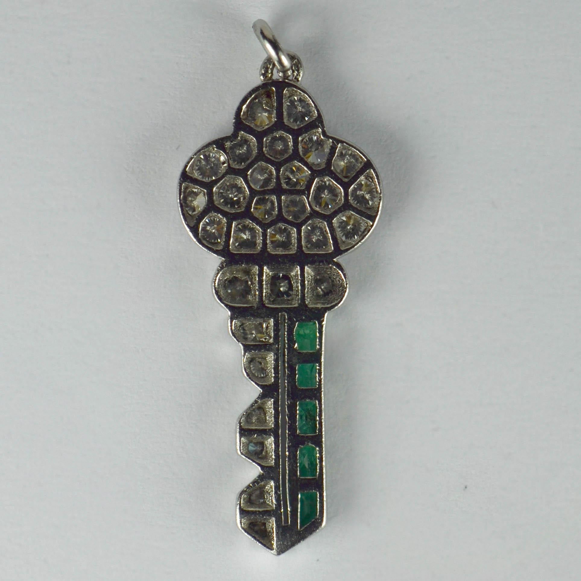 Art Deco Platinum Emerald Diamond Key Charm Pendant 2