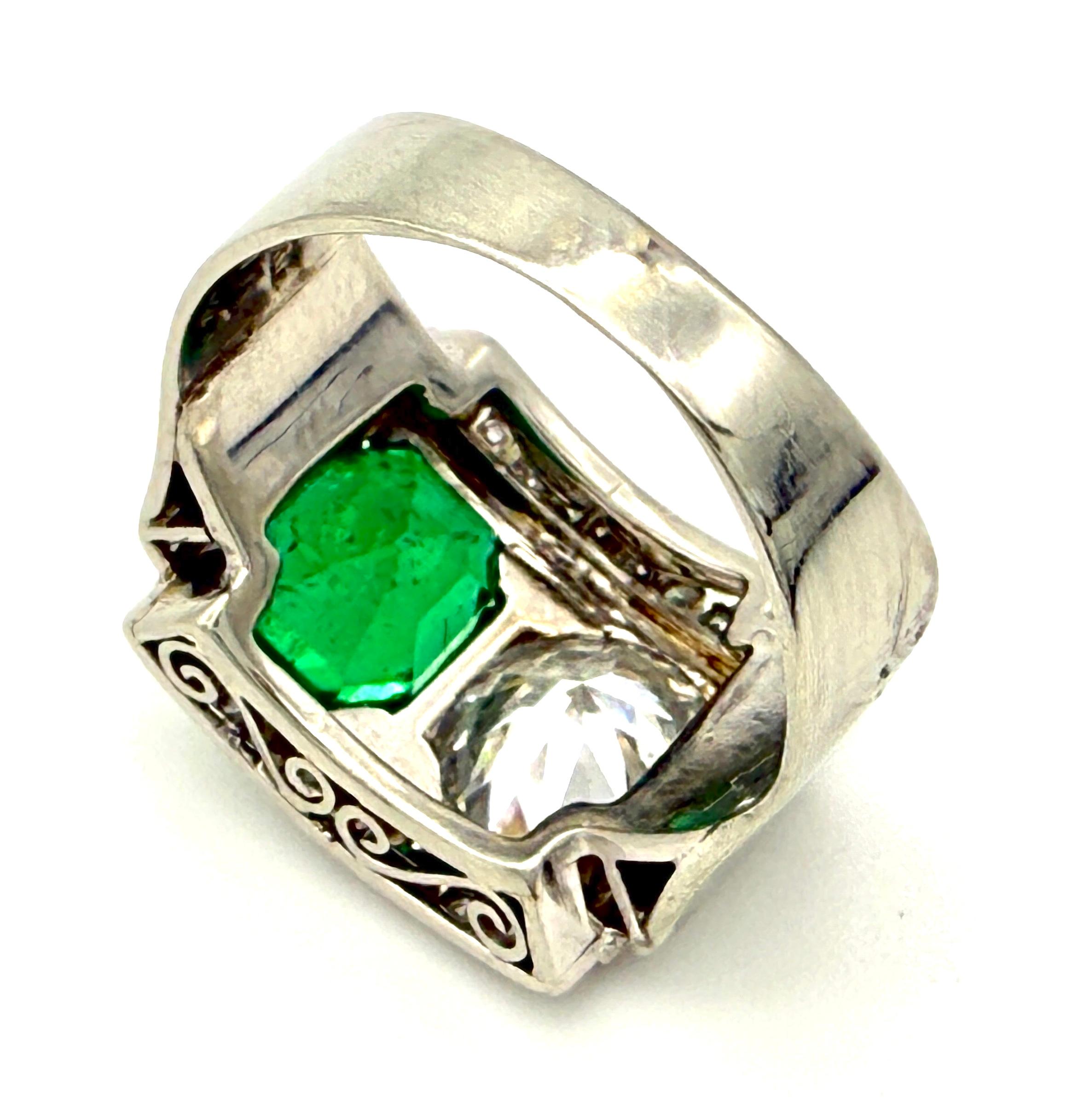 Round Cut Art Deco Platinum Emerald Diamond Pinkie Ring For Sale