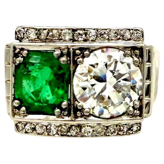 Art Deco Platinum Emerald Diamond Pinkie Ring
