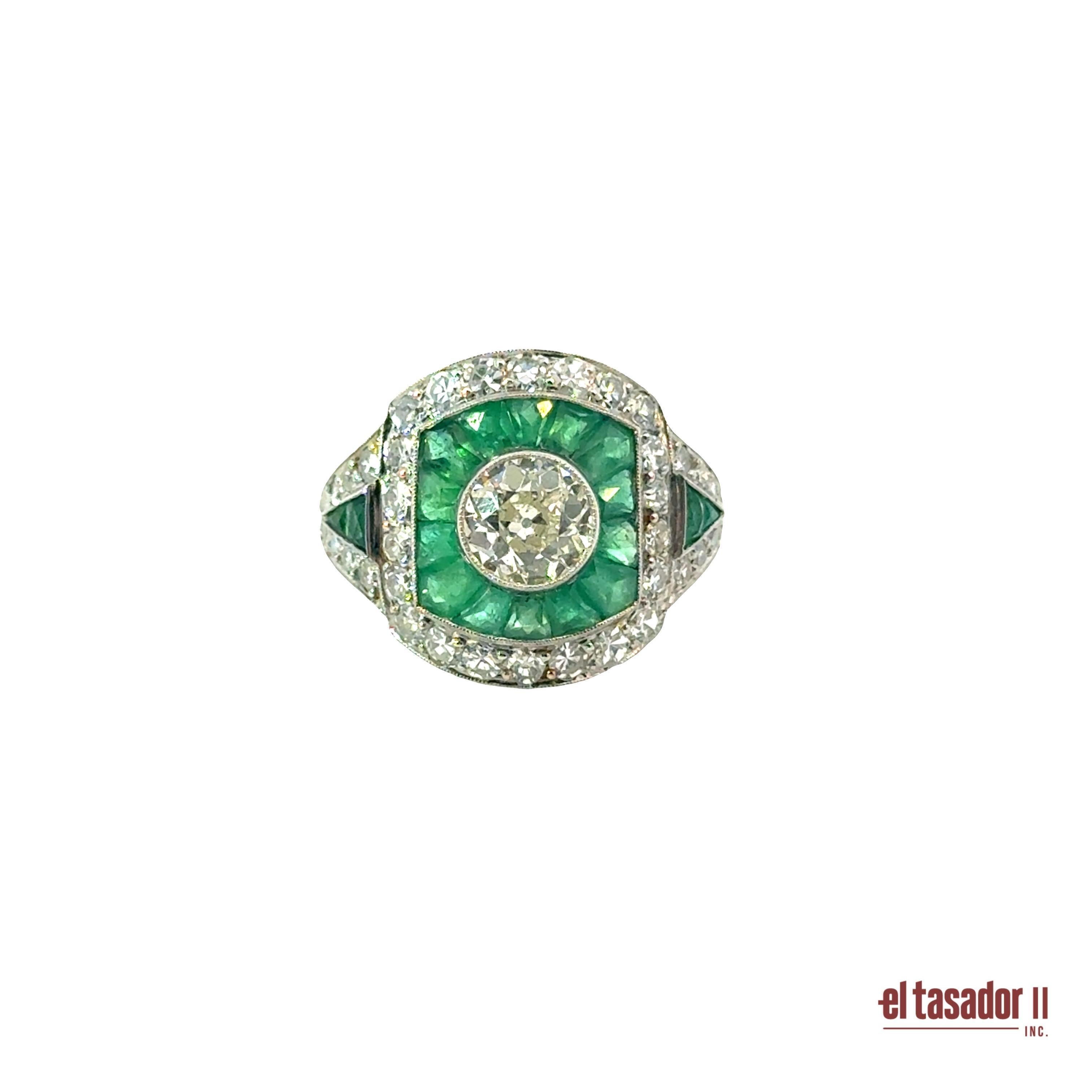 Art Deco Platin Smaragd & Diamant Ring Damen im Angebot