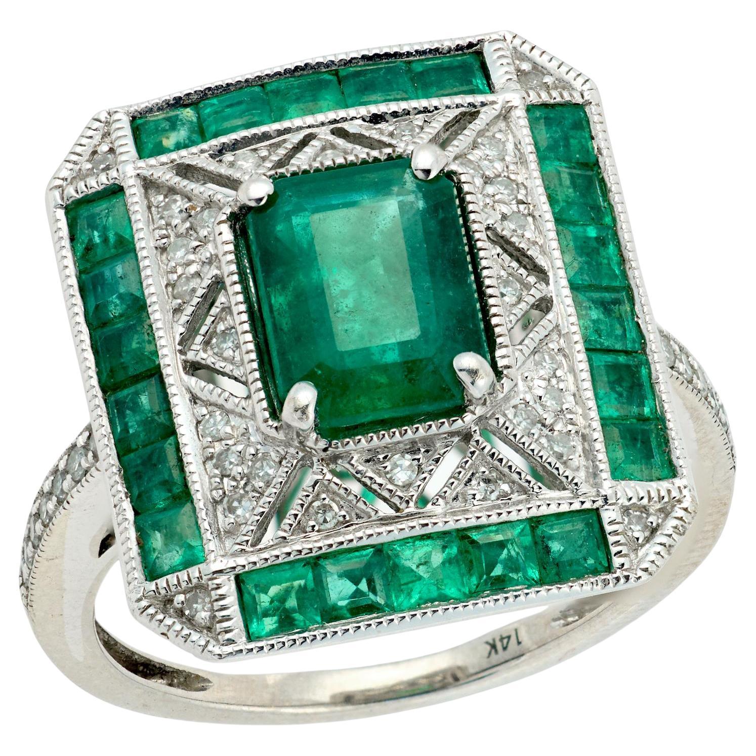 "Art Deco" 14k Emerald 
Diamond Ring