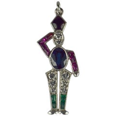 Art Deco Platinum Emerald Ruby Sapphire Diamond Soldier Charm Pendant