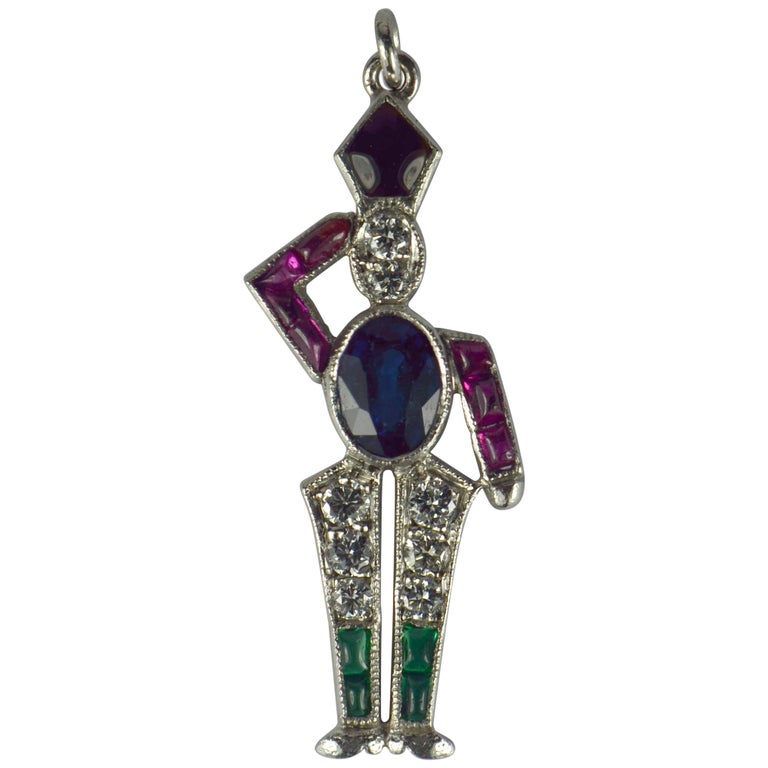 Art Deco Platinum Emerald Ruby Sapphire Diamond Soldier Charm Pendant ...