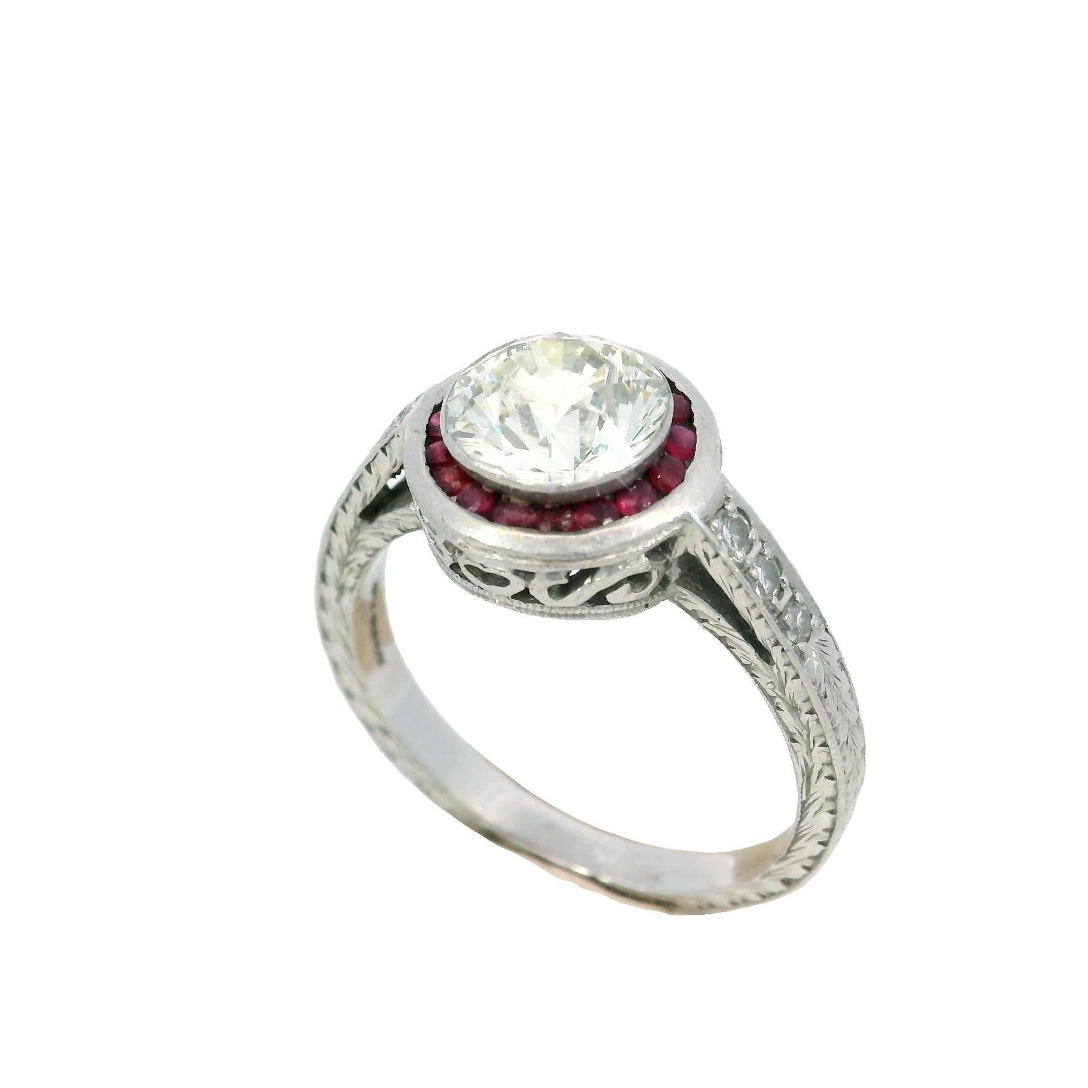 Art Deco Platinum Engagement Ring Rubies and ~1.62ct Transitional Cut Diamond For Sale 5