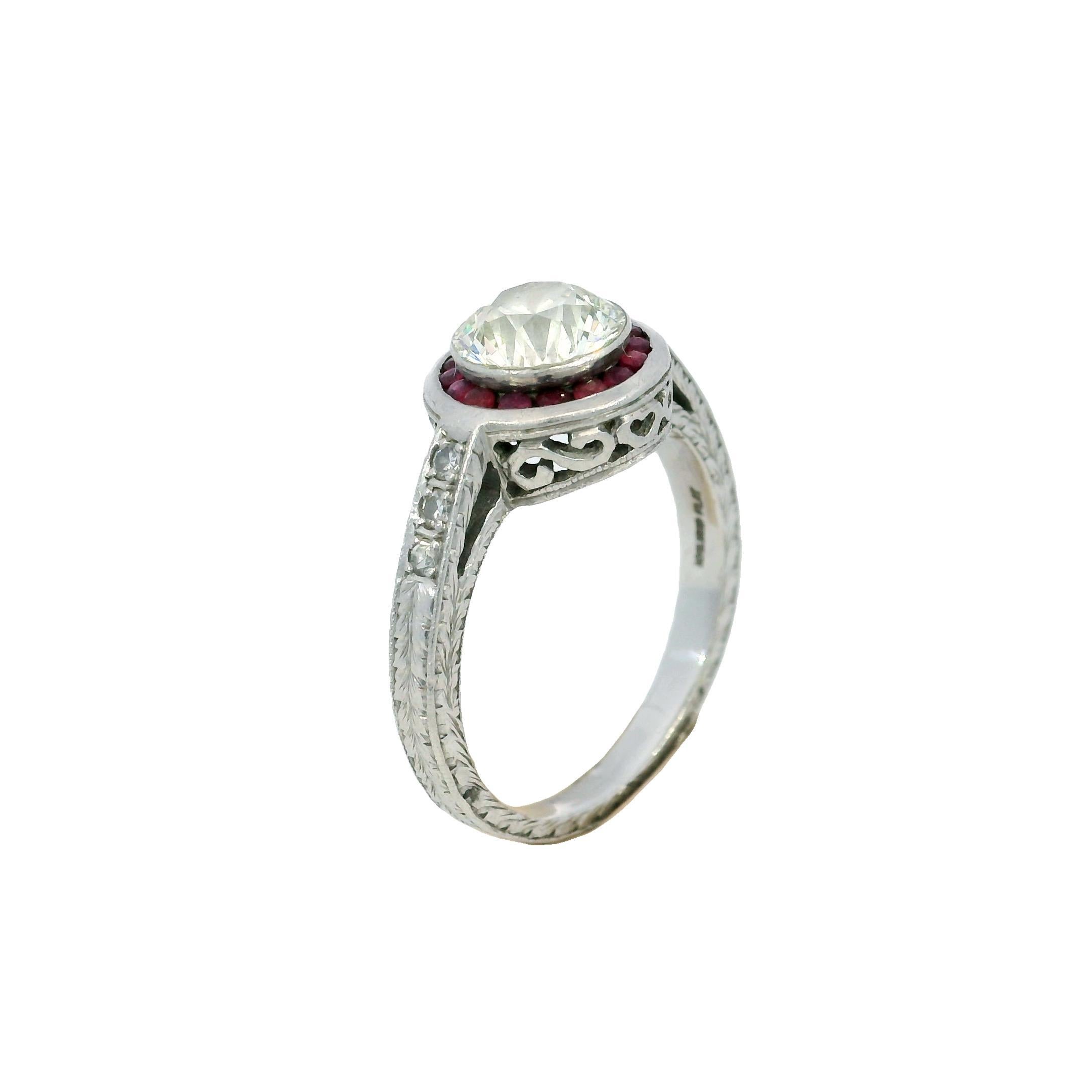Art Deco Platinum Engagement Ring Rubies and ~1.62ct Transitional Cut Diamond For Sale 6
