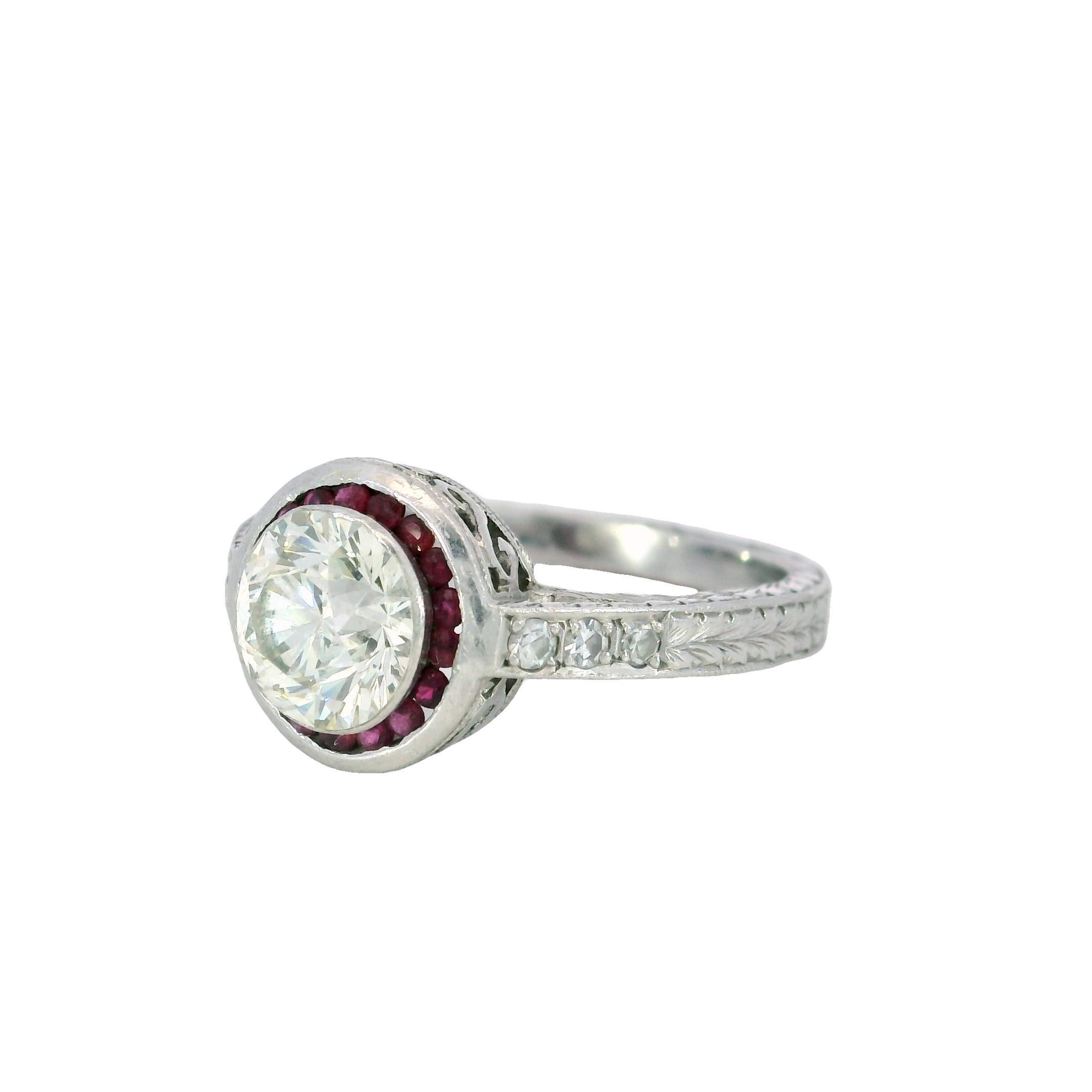 Art Deco Platinum Engagement Ring Rubies and ~1.62ct Transitional Cut Diamond For Sale 7