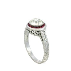 Art Deco Platinum Engagement Ring Rubies and ~1.62ct Transitional Cut Diamond