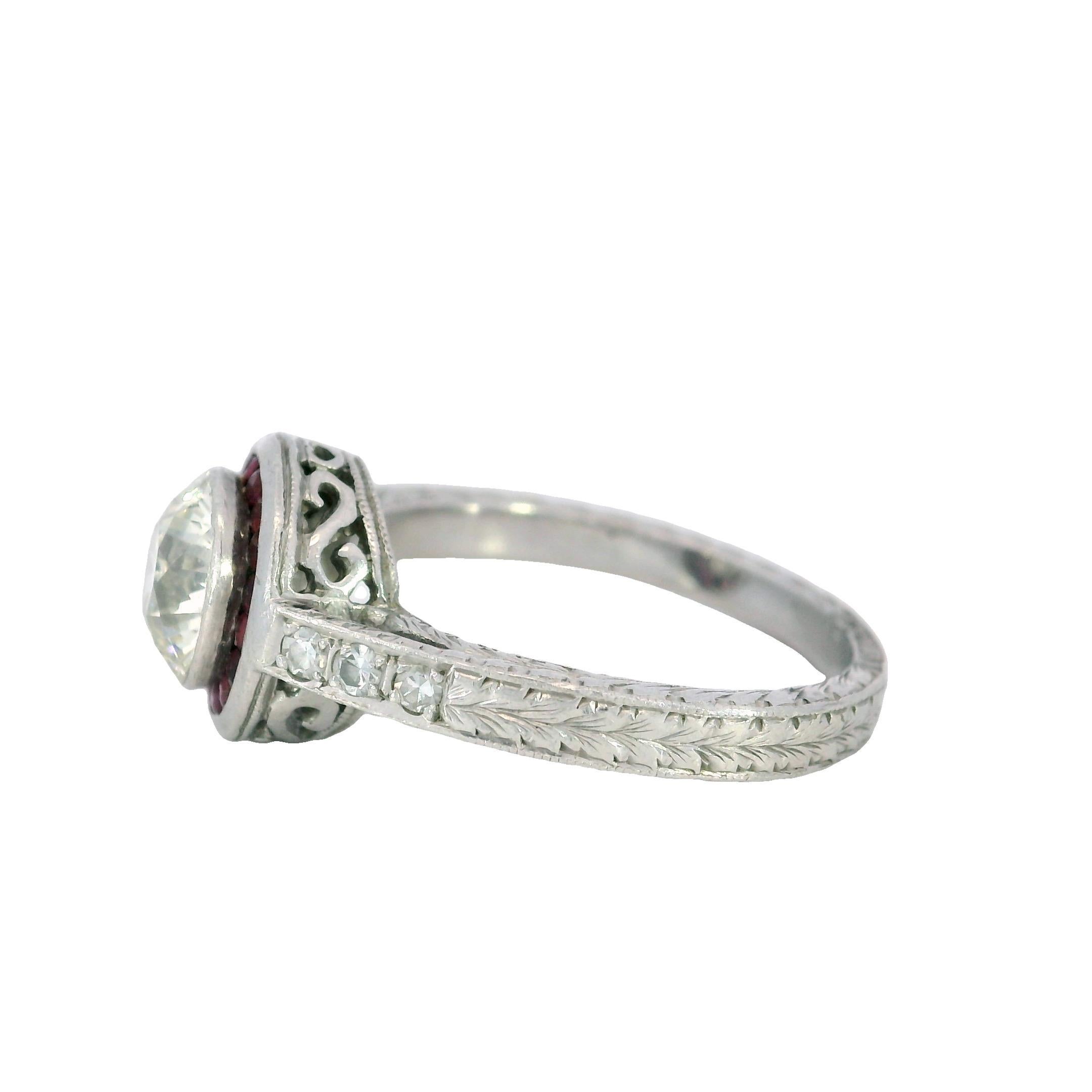 Art Deco Platinum Engagement Ring Rubies and ~1.62ct Transitional Cut Diamond In Good Condition For Sale In Fairfield, CT