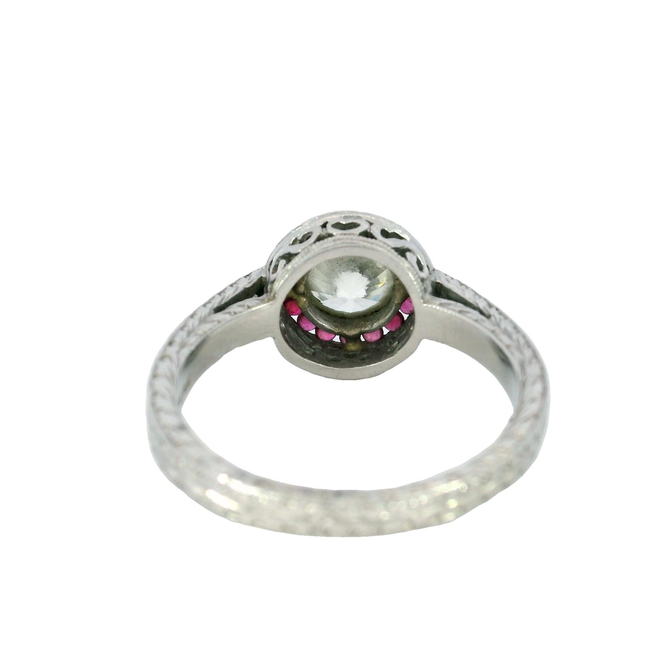 Women's or Men's Art Deco Platinum Engagement Ring Rubies and ~1.62ct Transitional Cut Diamond For Sale