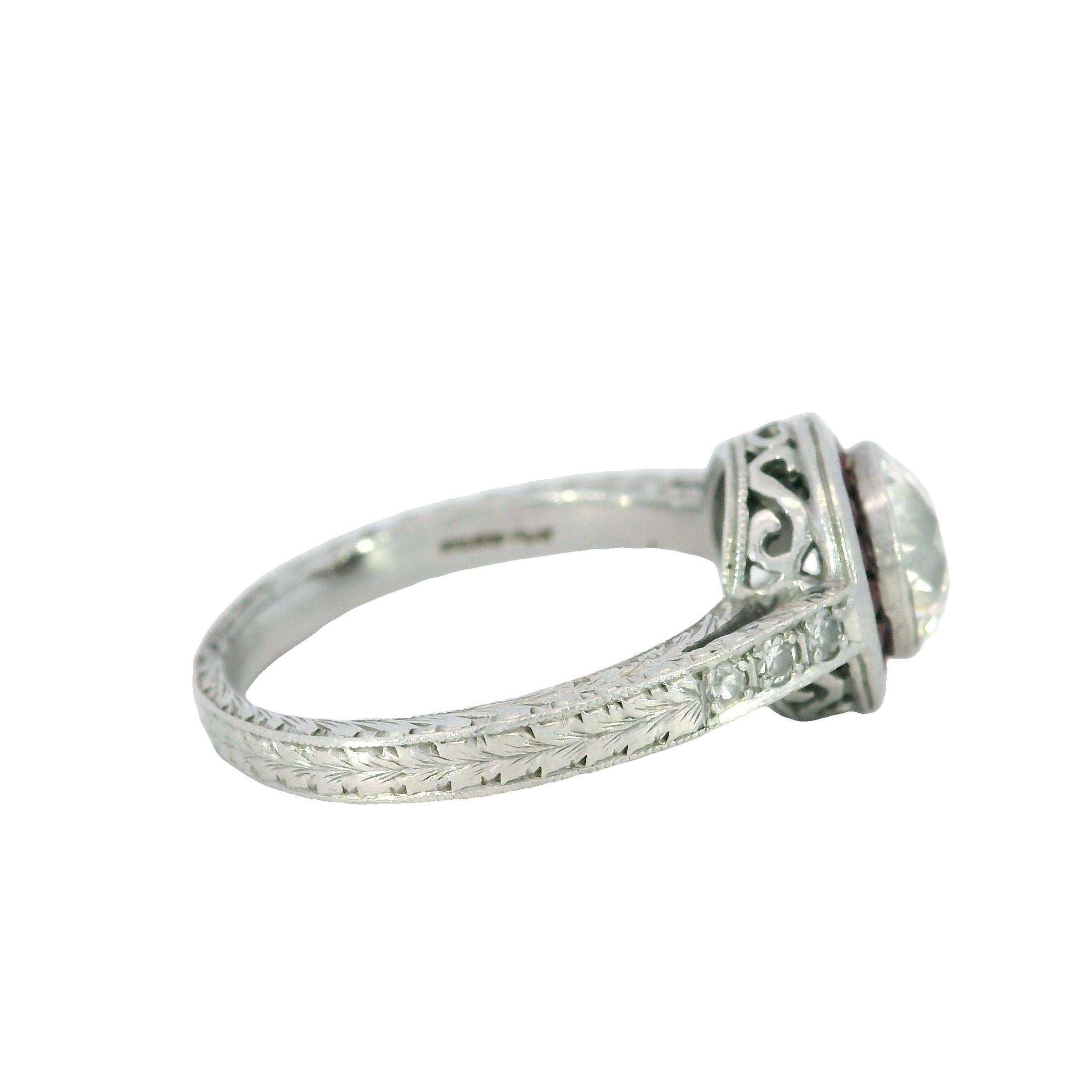 Art Deco Platinum Engagement Ring Rubies and ~1.62ct Transitional Cut Diamond For Sale 1