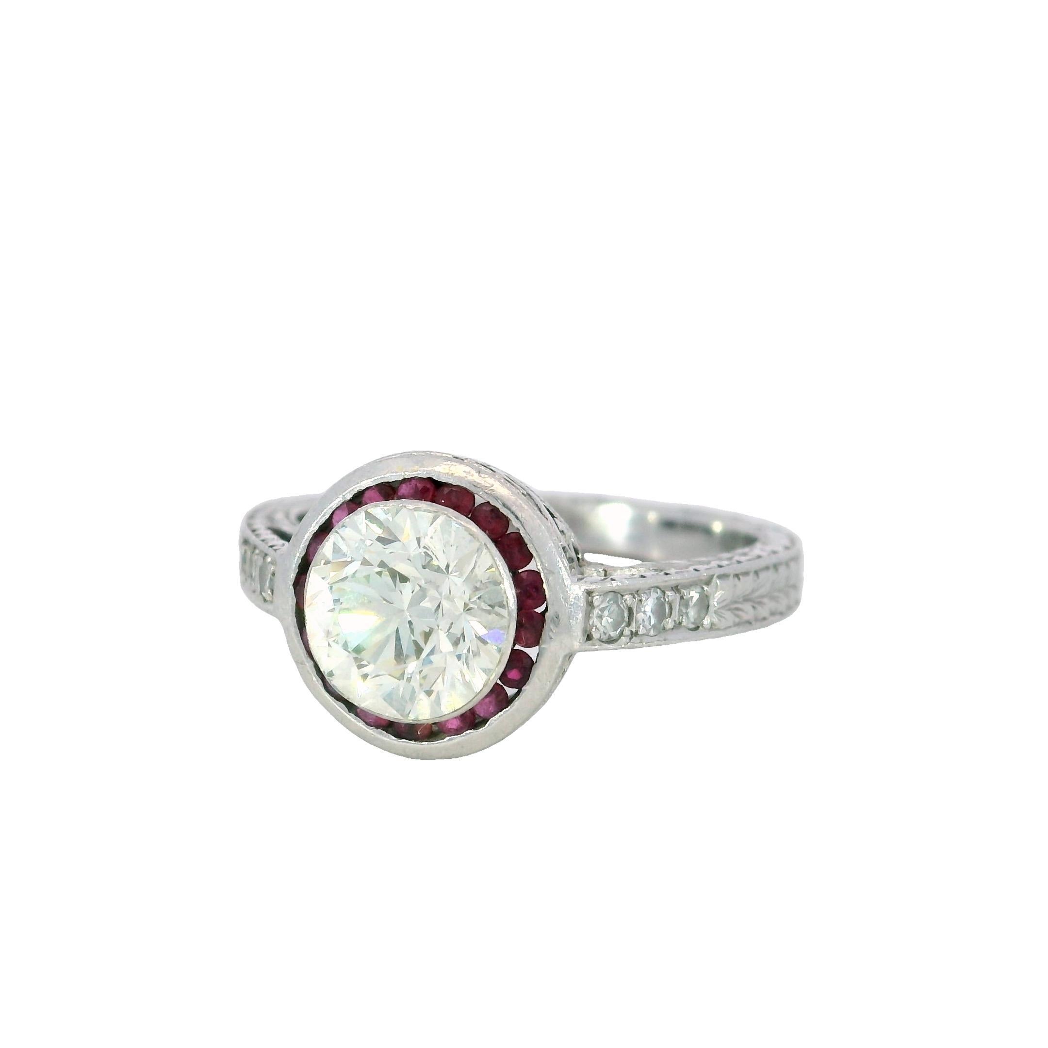 Art Deco Platinum Engagement Ring Rubies and ~1.62ct Transitional Cut Diamond For Sale 2