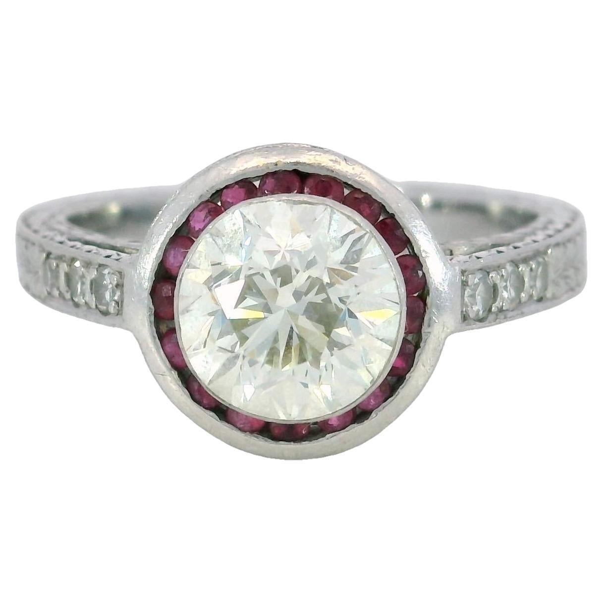 Art Deco Platinum Engagement Ring Rubies and ~1.62ct Transitional Cut Diamond For Sale