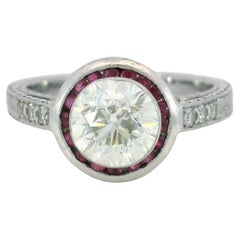 Antique Art Deco Platinum Engagement Ring Rubies and ~1.62ct Transitional Cut Diamond