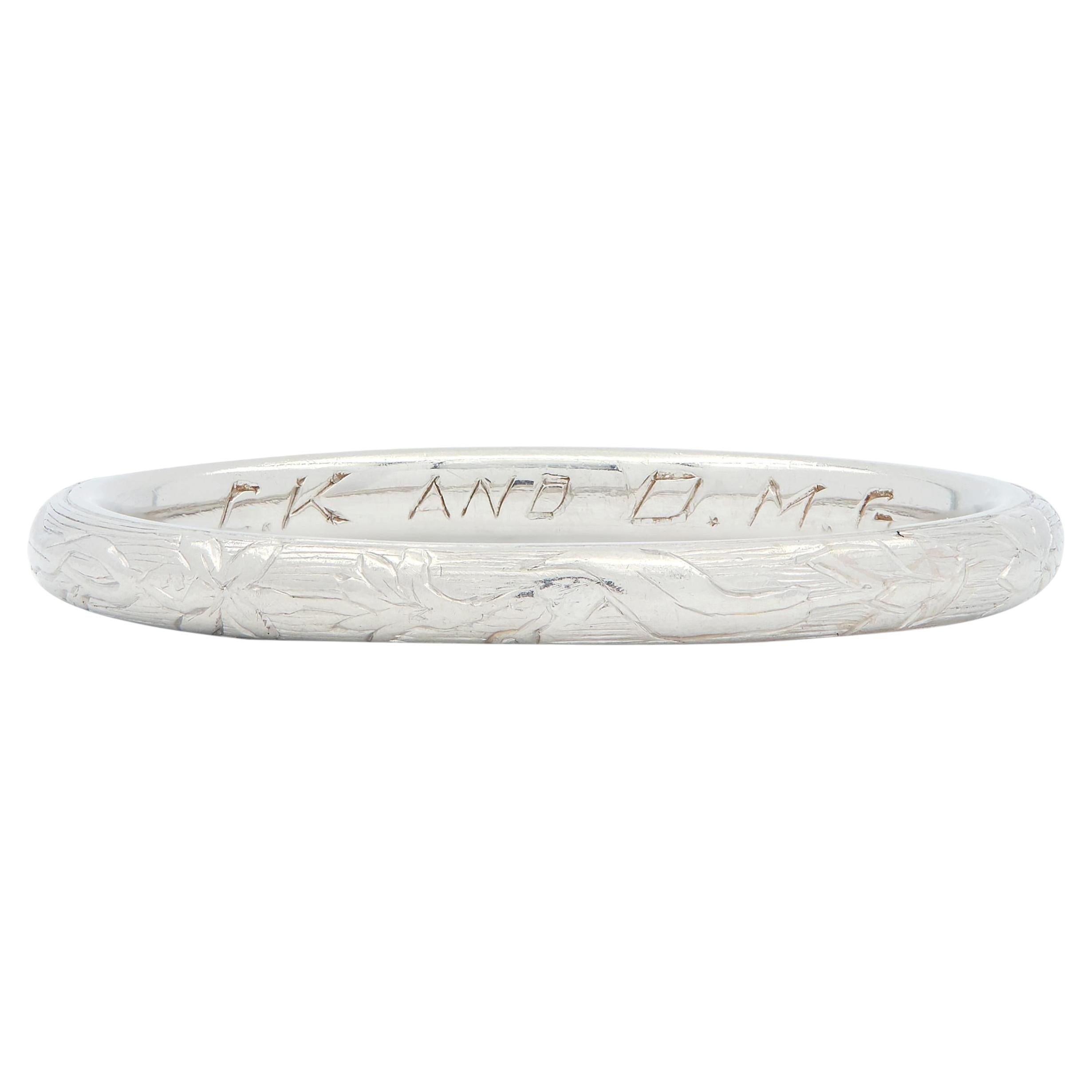 Art Deco Platinum Engraved Floral Lotus Vintage Wedding Band Ring For Sale
