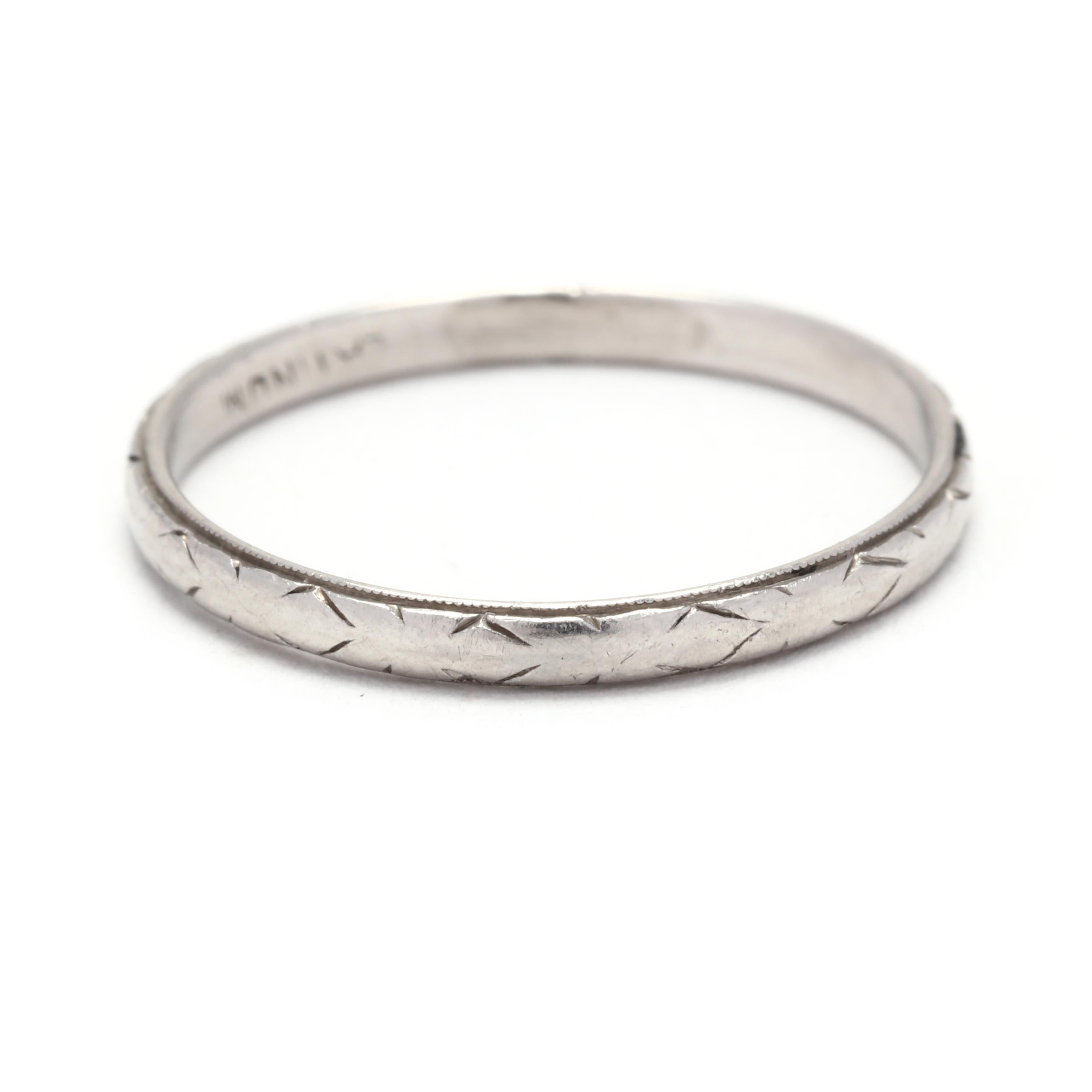 Art Deco Platinum Engraved Wedding Band, Ring Size 5.75, Thin Engraved Wedding  In Good Condition In McLeansville, NC
