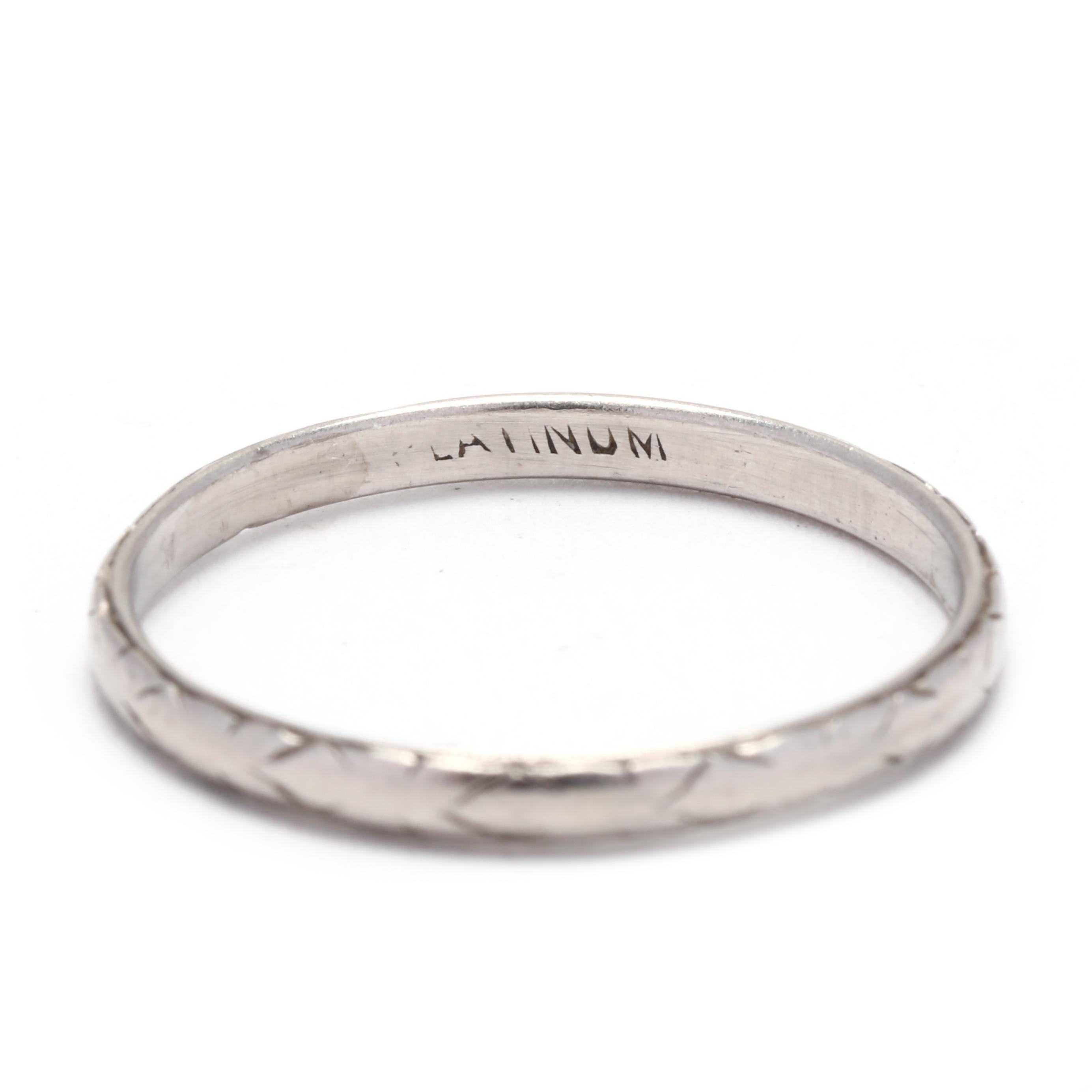 Women's or Men's Art Deco Platinum Engraved Wedding Band, Ring Size 5.75, Thin Engraved Wedding 
