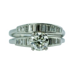 Antique Art Deco Platinum European Cut Diamond and Baguette Cut Wedding Set Ring