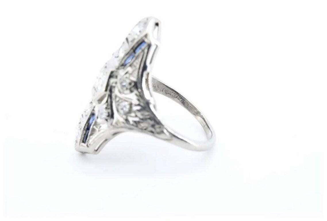 Art Deco Platinum, European Cut Diamond, & Sapphire Cocktail Filigree Ring In Good Condition For Sale In Boston, MA