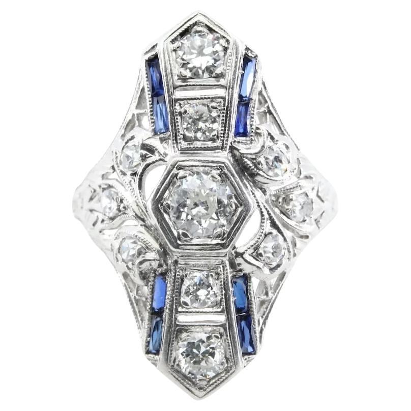 Art Deco Platinum, European Cut Diamond, & Sapphire Cocktail Filigree Ring For Sale
