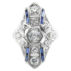 Art Deco Platinum, European Cut Diamond, & Sapphire Cocktail Filigree Ring