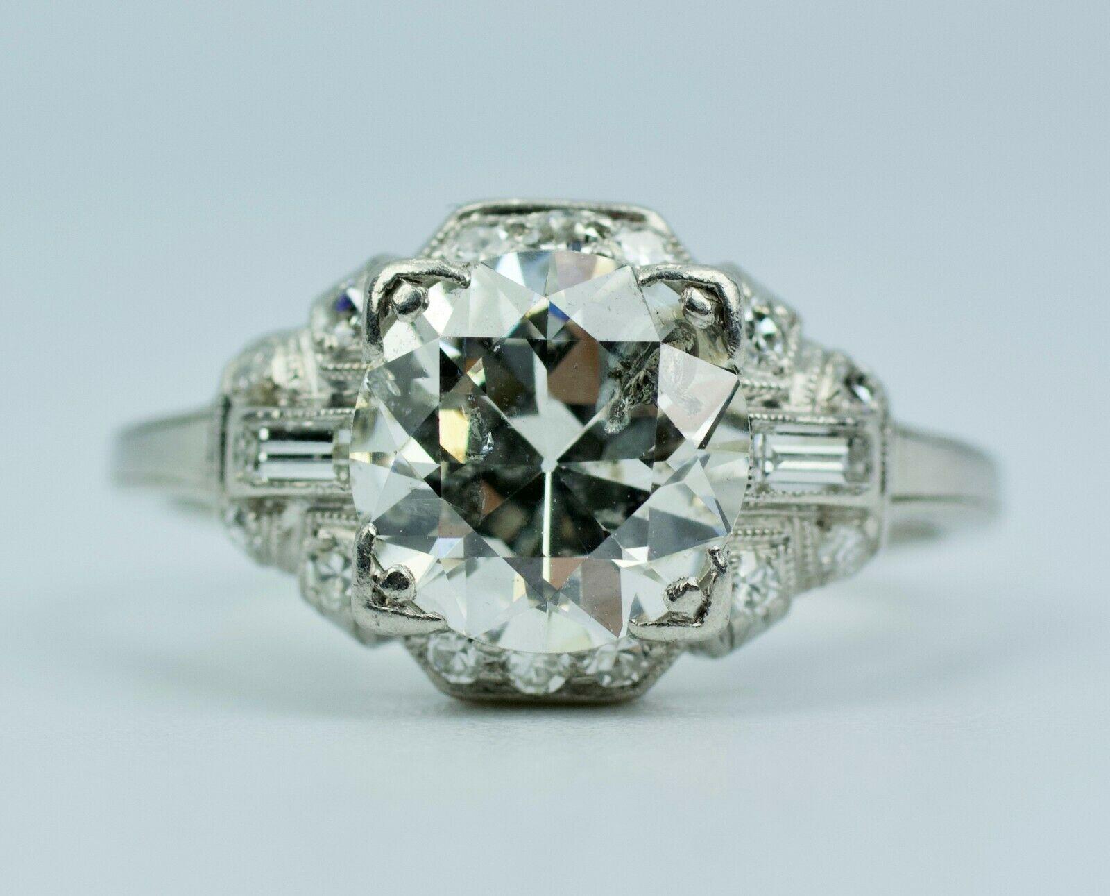 Old European Cut Art Deco Platinum European Cut Diamond with Baguette & Single Cut Diamond Ring