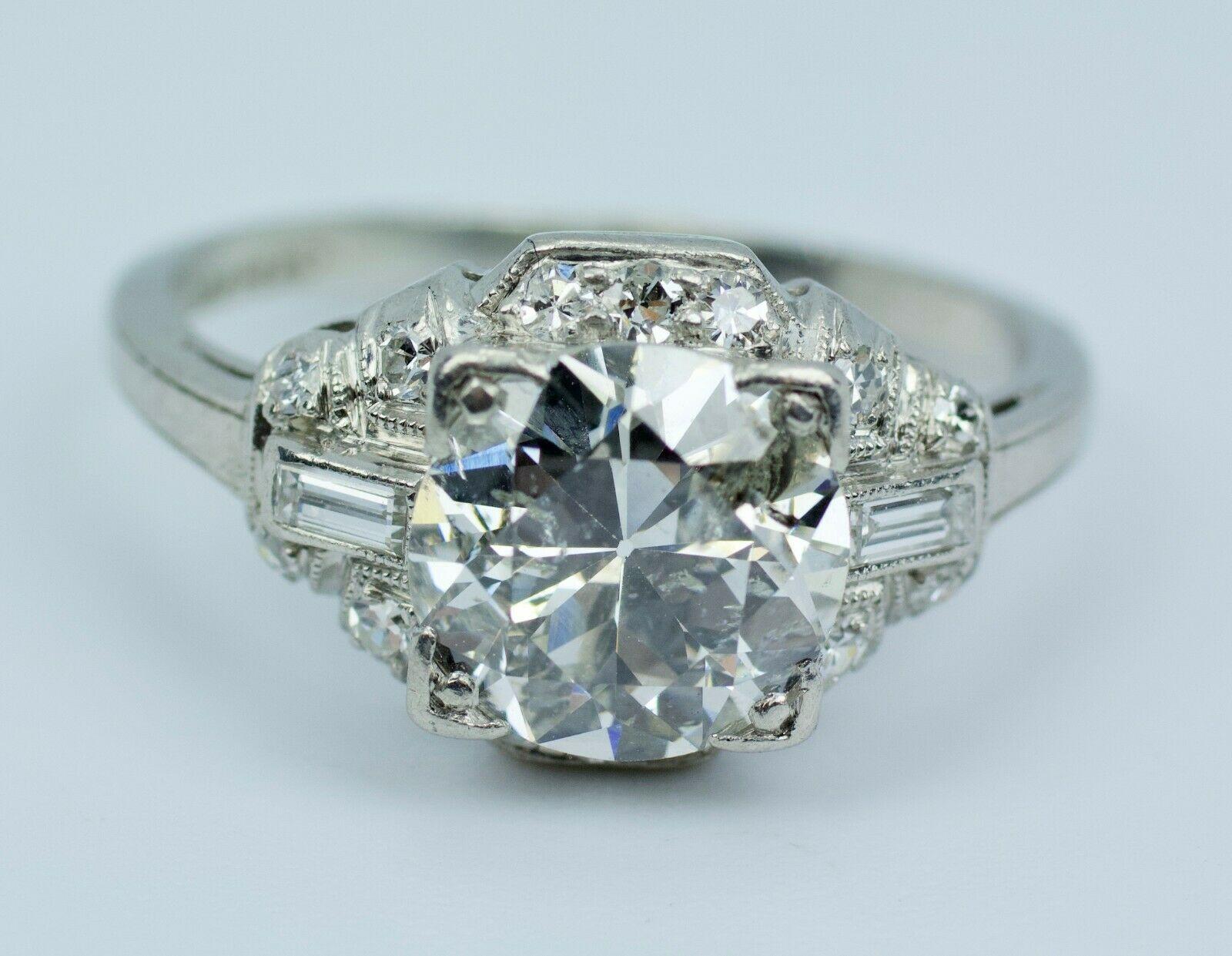 Women's Art Deco Platinum European Cut Diamond with Baguette & Single Cut Diamond Ring
