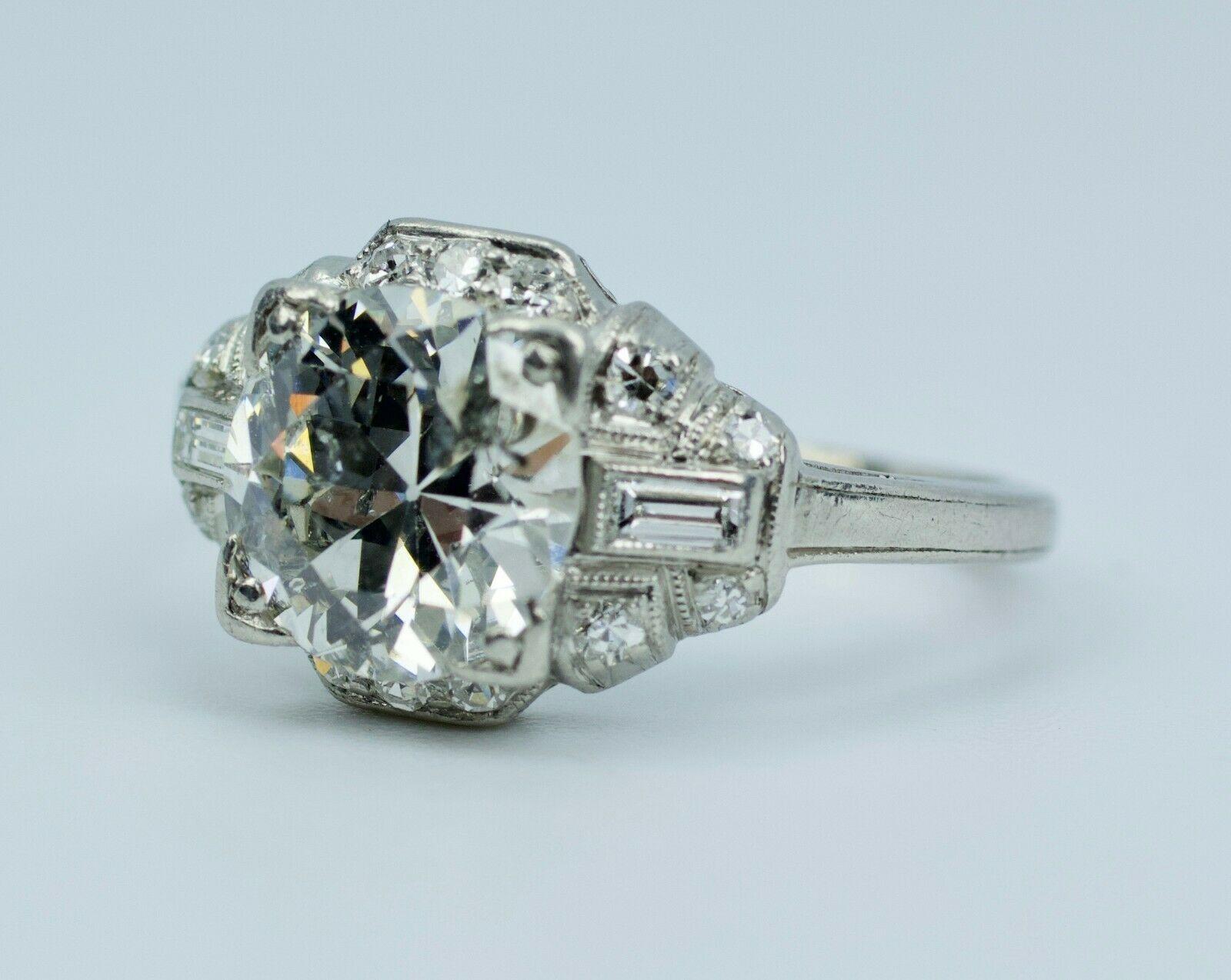 Art Deco Platinum European Cut Diamond with Baguette & Single Cut Diamond Ring 1