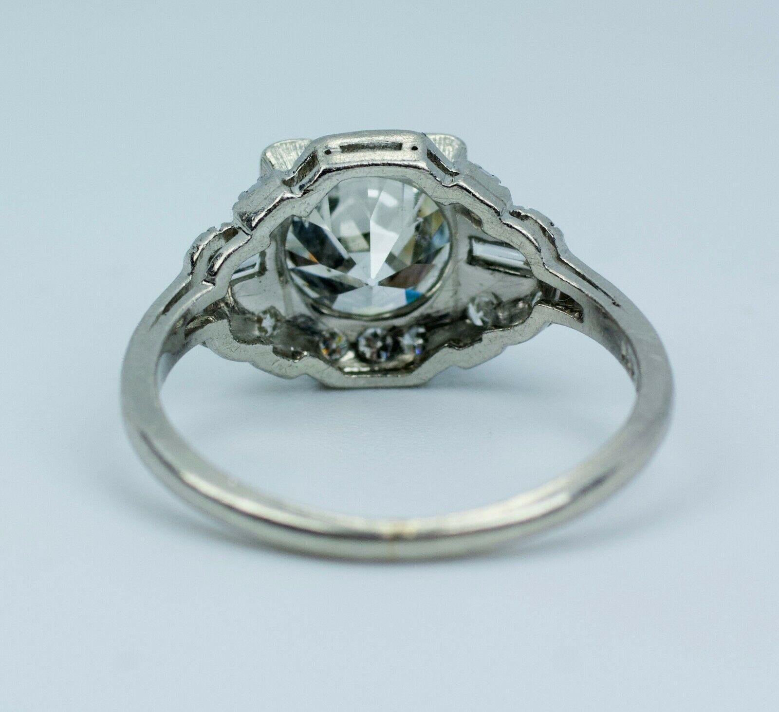 Art Deco Platinum European Cut Diamond with Baguette & Single Cut Diamond Ring 4