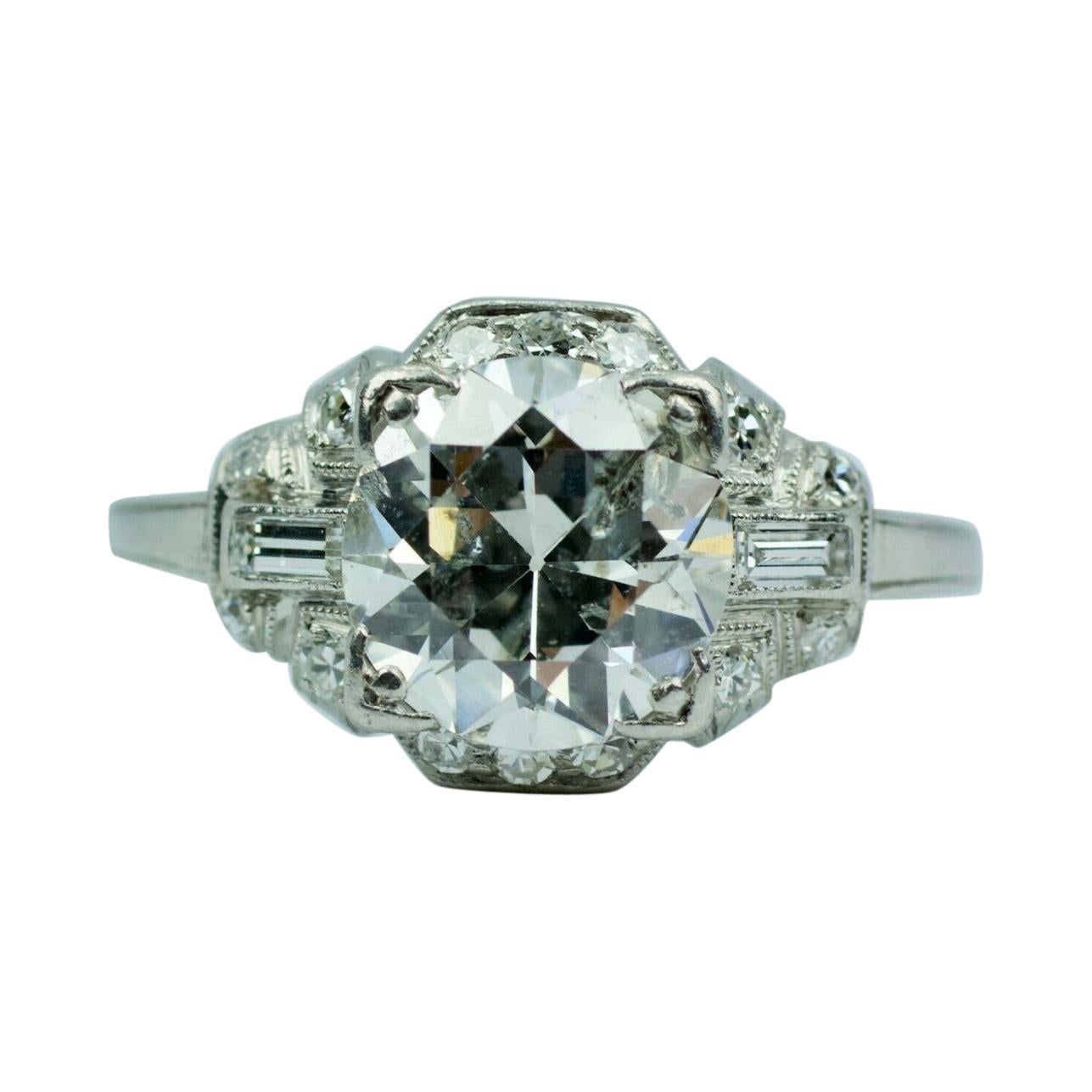 Art Deco Platinum European Cut Diamond with Baguette & Single Cut Diamond Ring
