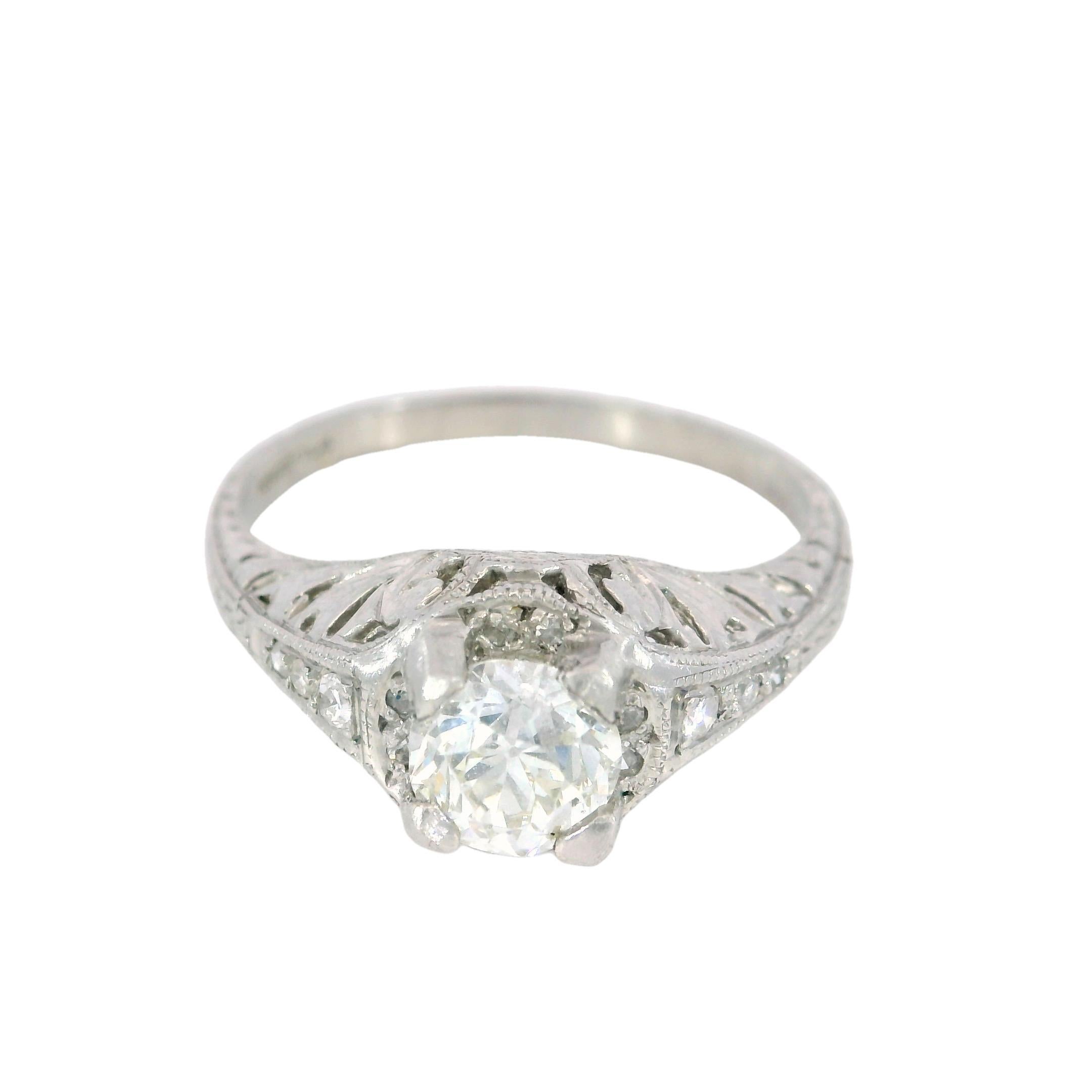 Art Deco Platinum Filigree Diamond Engagement Stackable Ring ~.65ctw

This exquisite Art Deco engagement ring captures the elegance and craftsmanship of the 1920s, making it the perfect choice for those who appreciate vintage romance. Made in