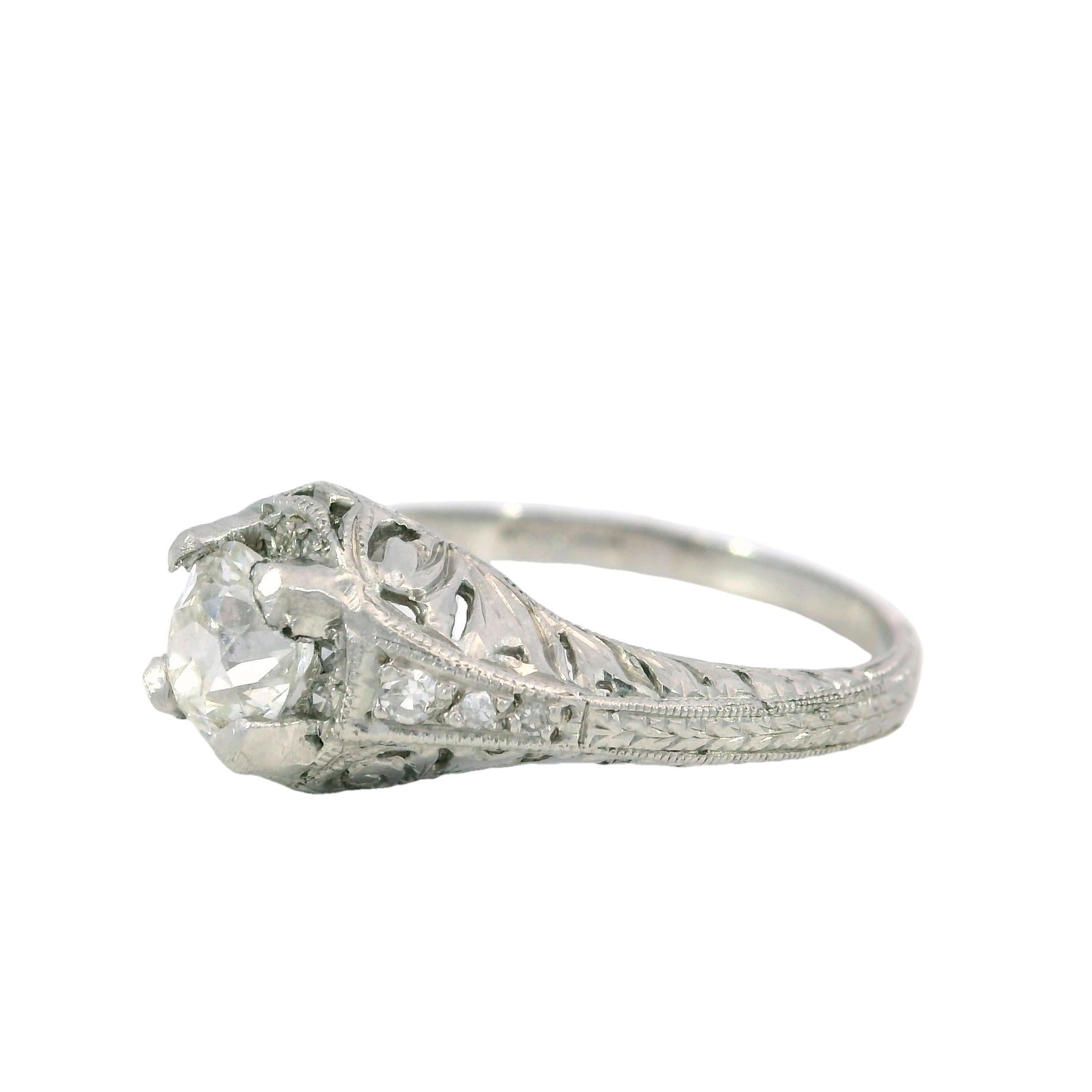 Old European Cut Art Deco Platinum Filigree Diamond Engagement Stackable Ring ~.65ctw For Sale