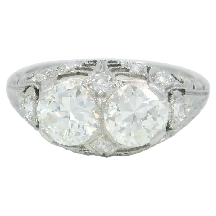 Art Deco Platinum Filigree Double Diamond Engagement Stack Ring
