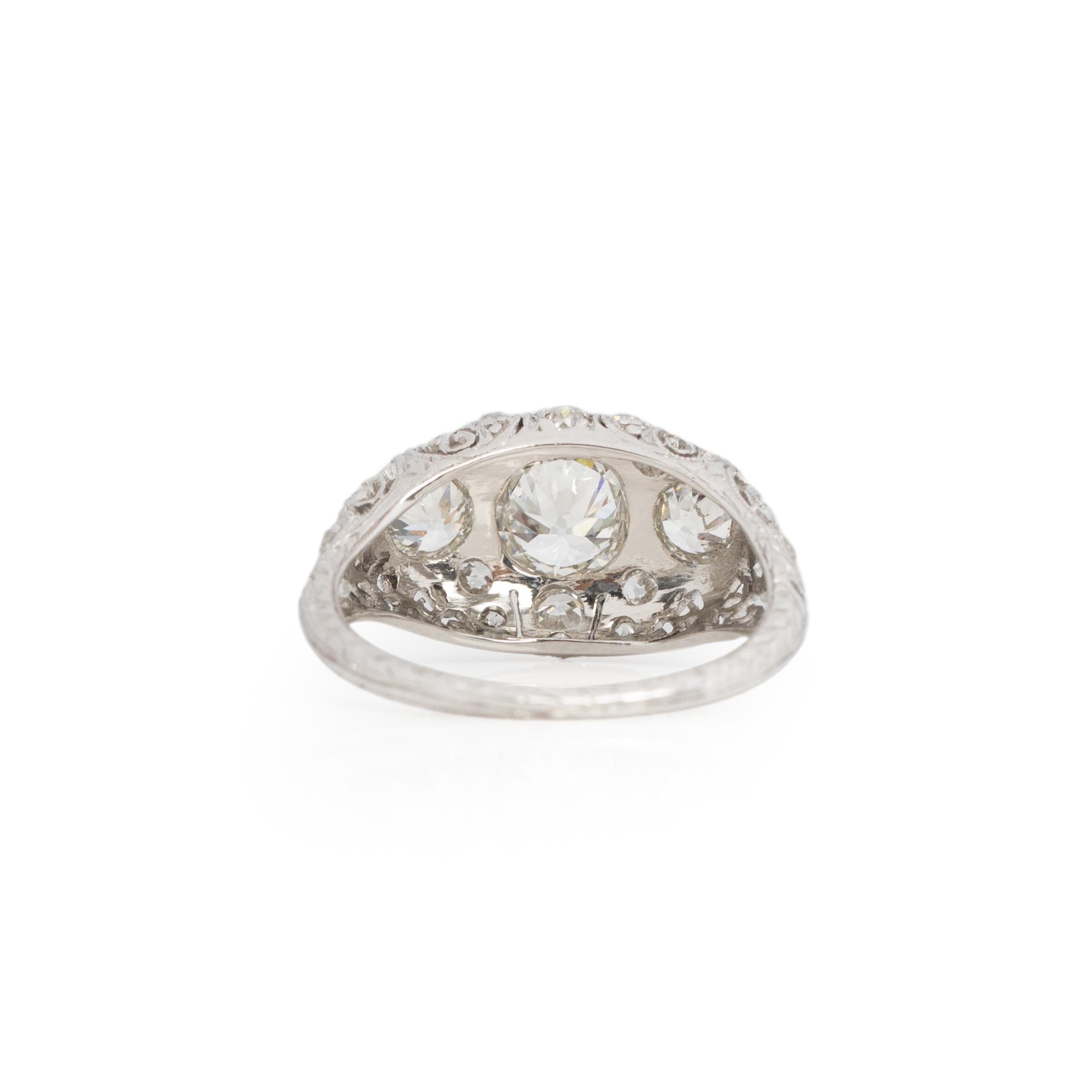 Women's or Men's Art Deco Platinum Filigree Old European Cut Three Stone Diamond Cocktail Ring