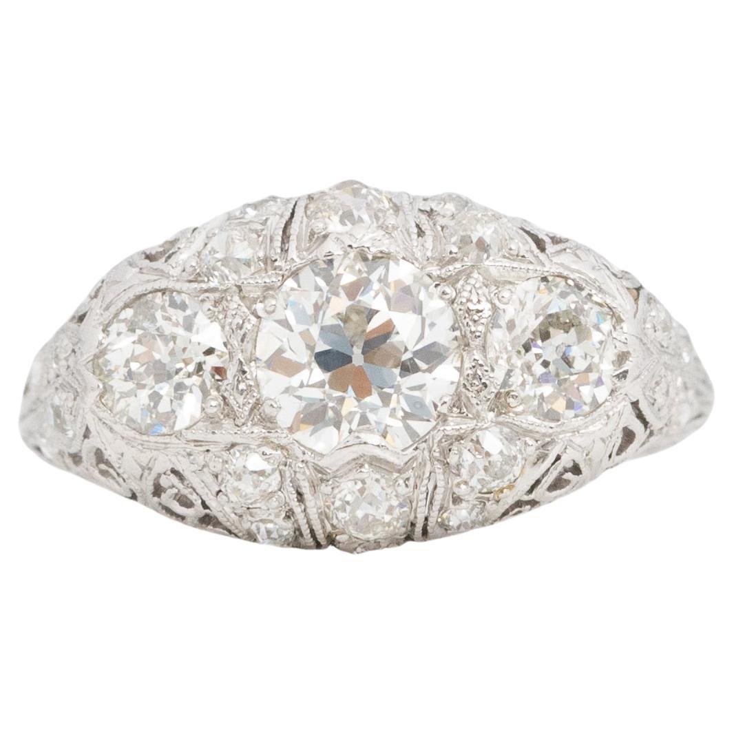 Art Deco Platinum Filigree Old European Cut Three Stone Diamond Cocktail Ring