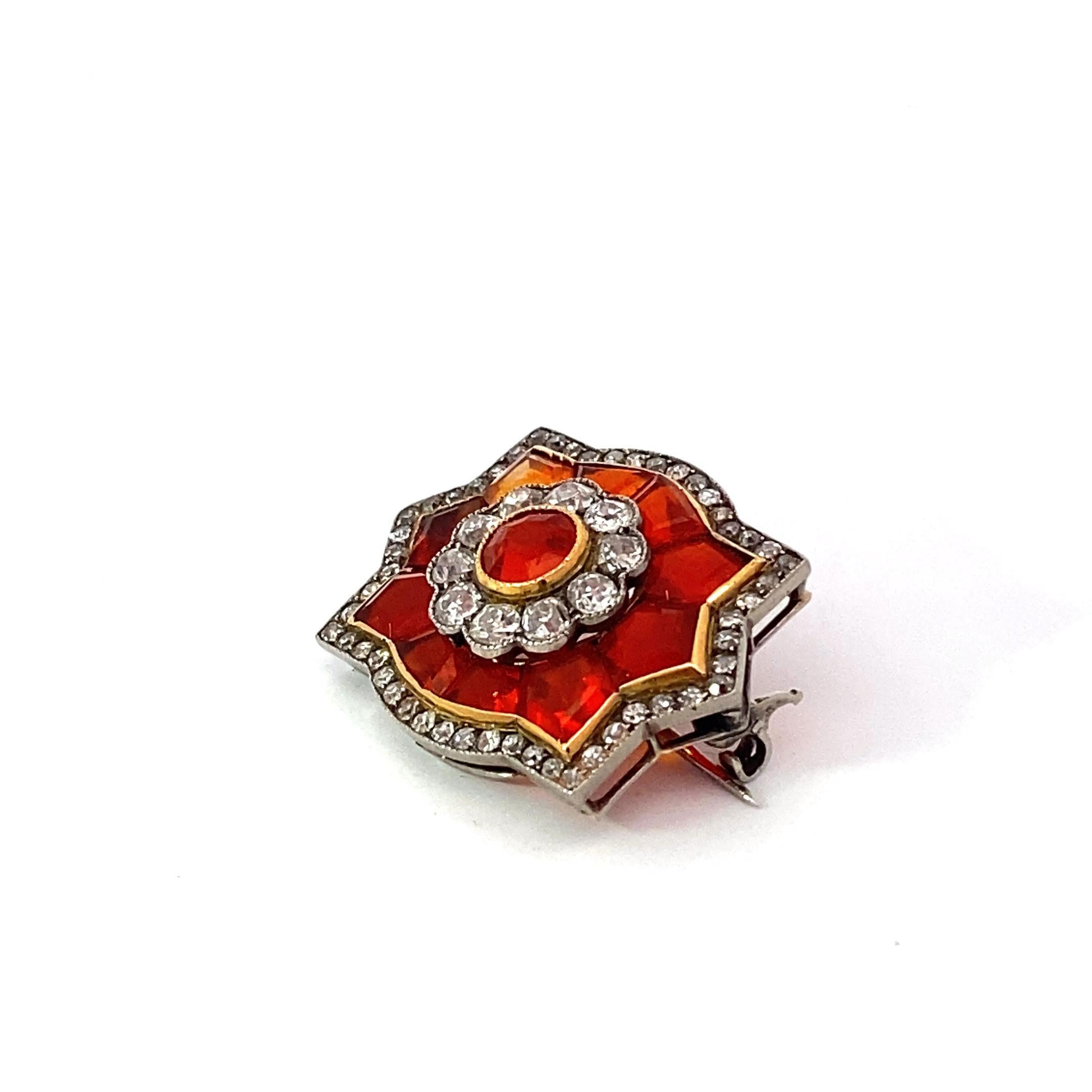 Mixed Cut Art Deco Platinum Fire Opal Brooch with Diamond Surrounds For Sale
