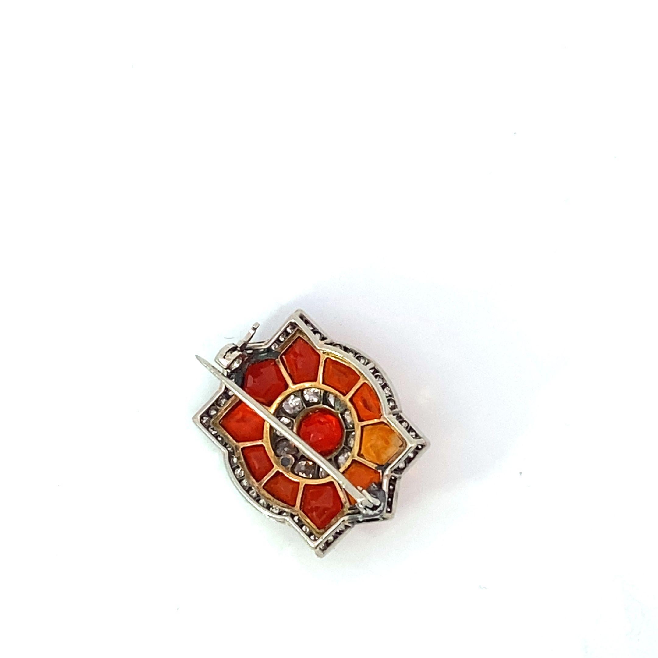Women's Art Deco Platinum Fire Opal Brooch with Diamond Surrounds For Sale