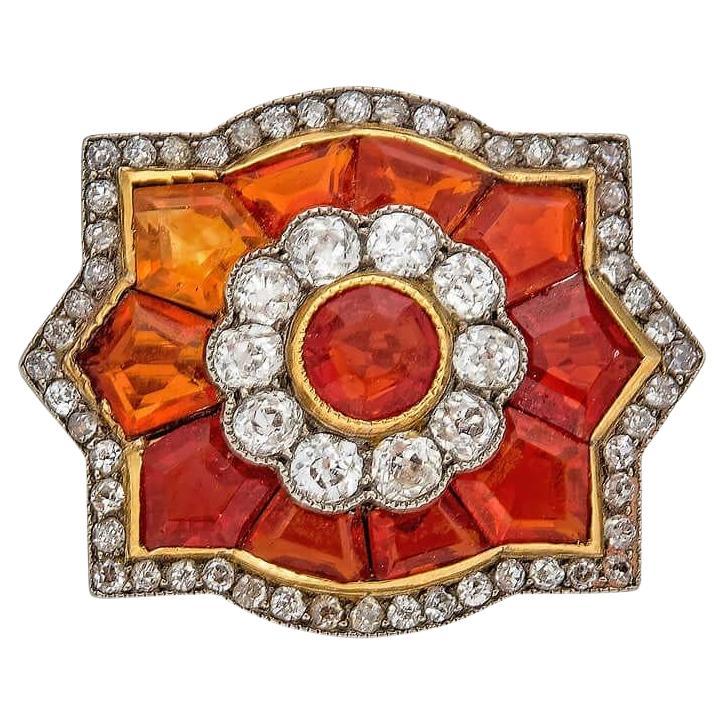 Art Deco Platinum Fire Opal Brooch with Diamond Surrounds For Sale